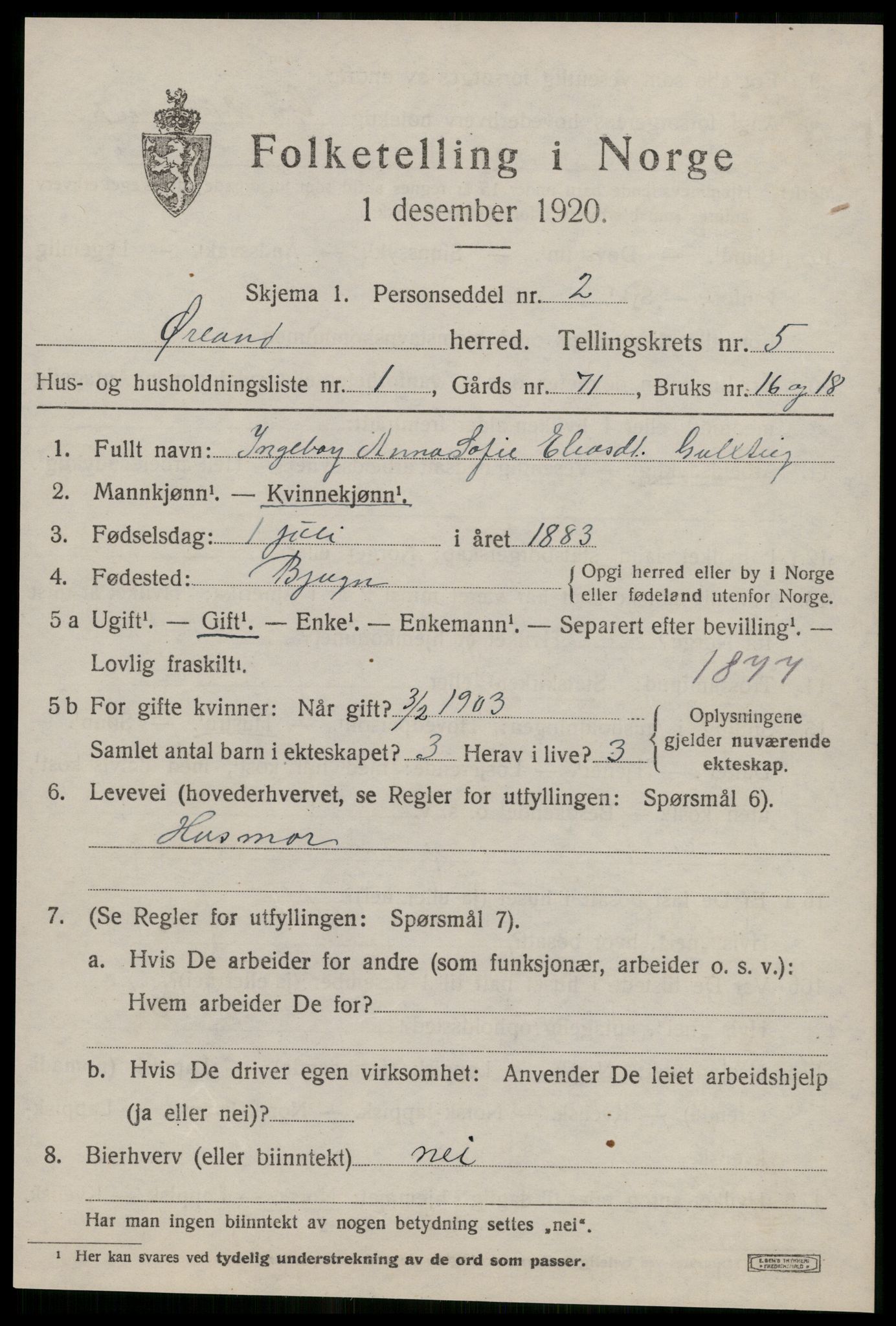 SAT, 1920 census for Ørland, 1920, p. 4485