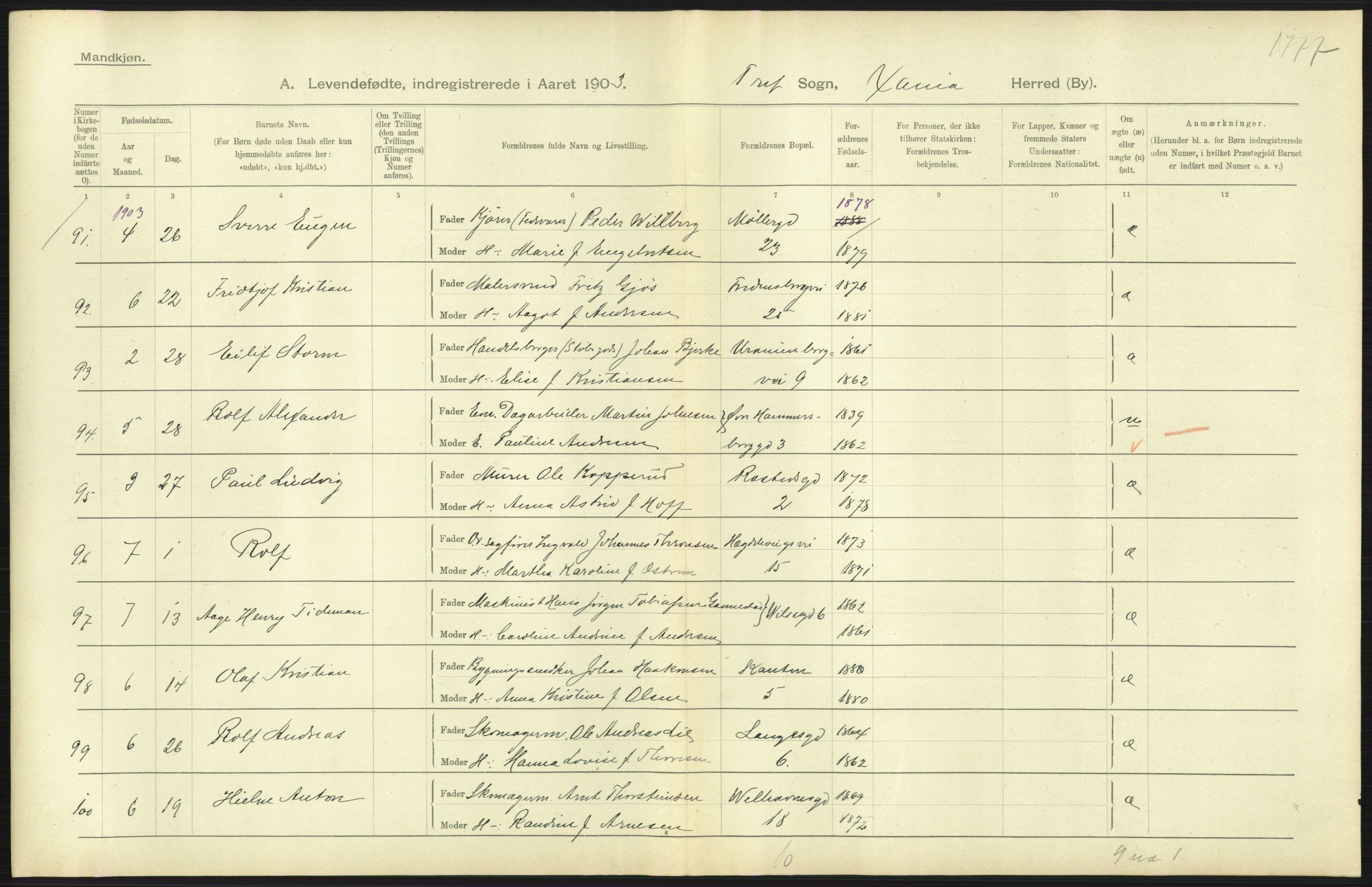 Statistisk sentralbyrå, Sosiodemografiske emner, Befolkning, AV/RA-S-2228/D/Df/Dfa/Dfaa/L0003: Kristiania: Fødte, 1903, p. 239