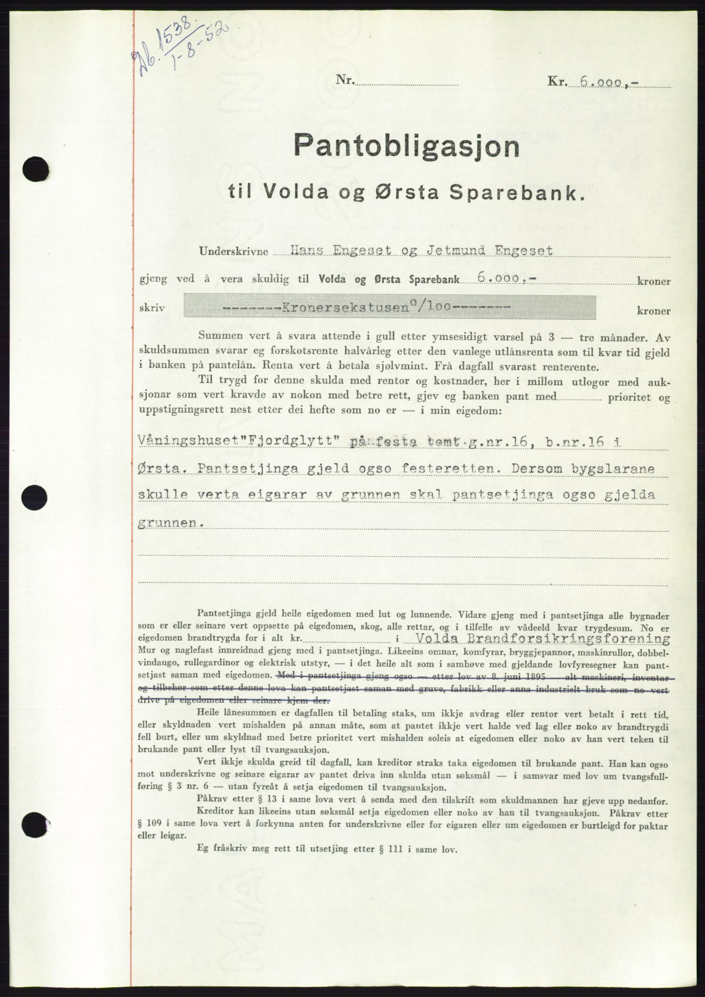 Søre Sunnmøre sorenskriveri, AV/SAT-A-4122/1/2/2C/L0121: Mortgage book no. 9B, 1951-1952, Diary no: : 1538/1952