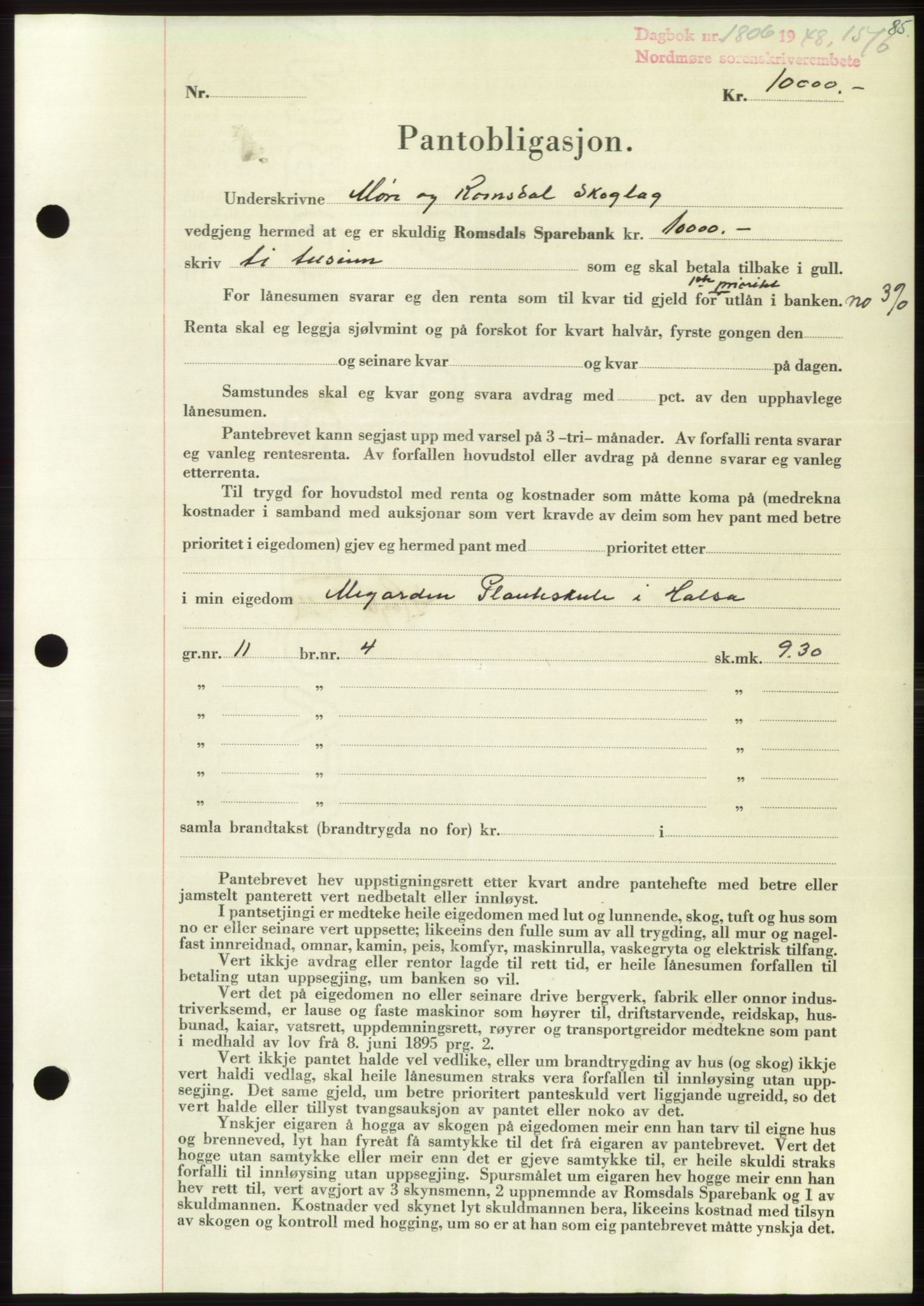 Nordmøre sorenskriveri, AV/SAT-A-4132/1/2/2Ca: Mortgage book no. B99, 1948-1948, Diary no: : 1806/1948