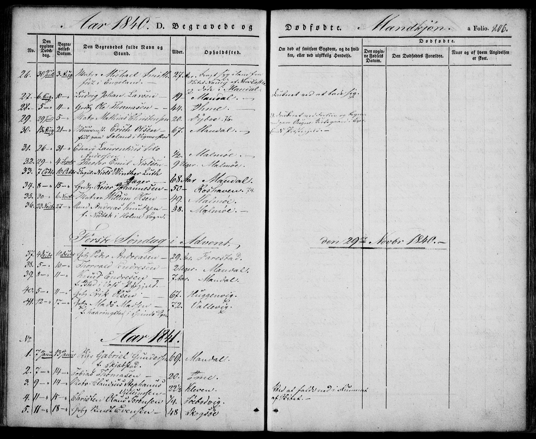 Mandal sokneprestkontor, SAK/1111-0030/F/Fa/Faa/L0012: Parish register (official) no. A 12, 1840-1847, p. 206
