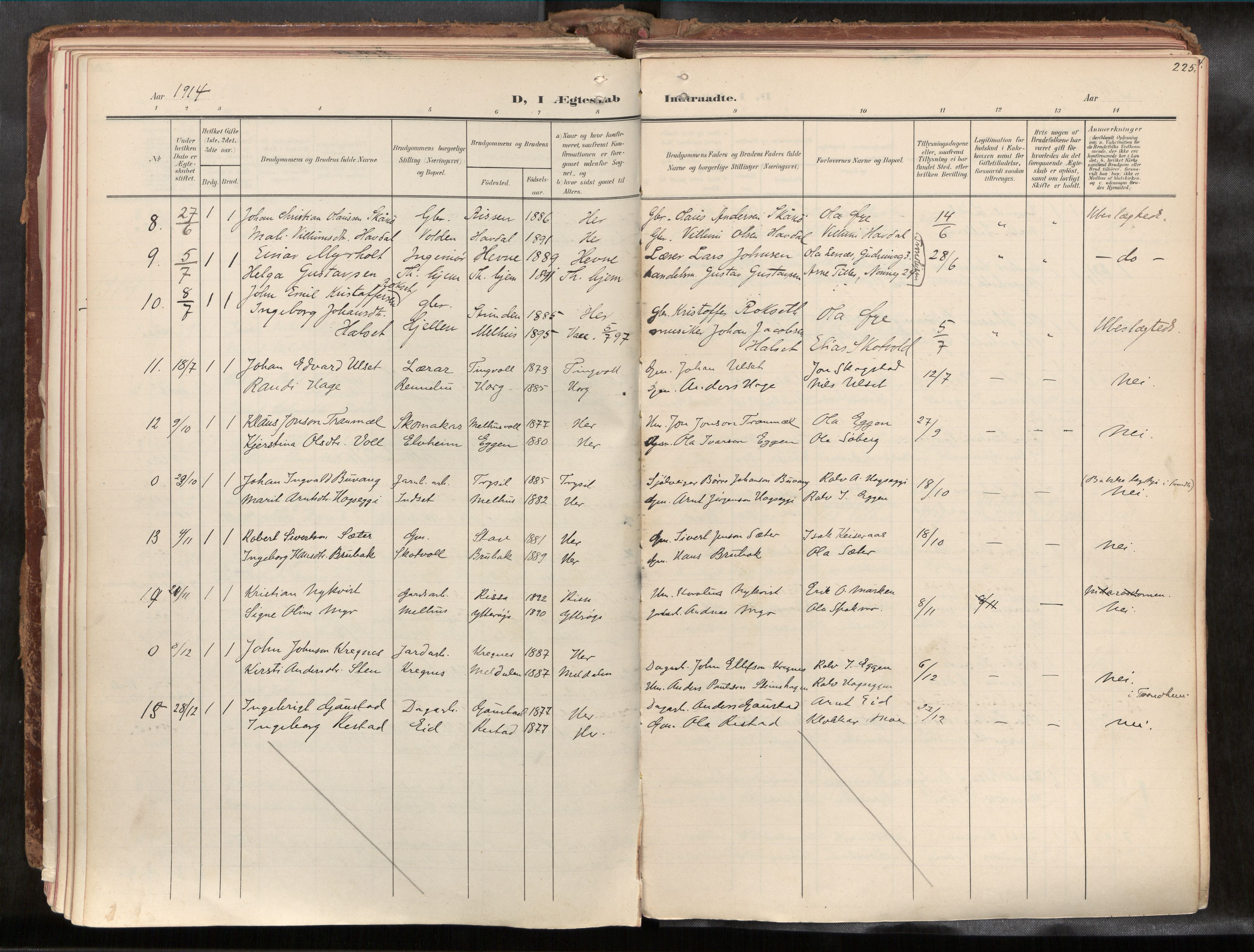 Ministerialprotokoller, klokkerbøker og fødselsregistre - Sør-Trøndelag, AV/SAT-A-1456/691/L1085b: Parish register (official) no. 691A18, 1908-1930, p. 225