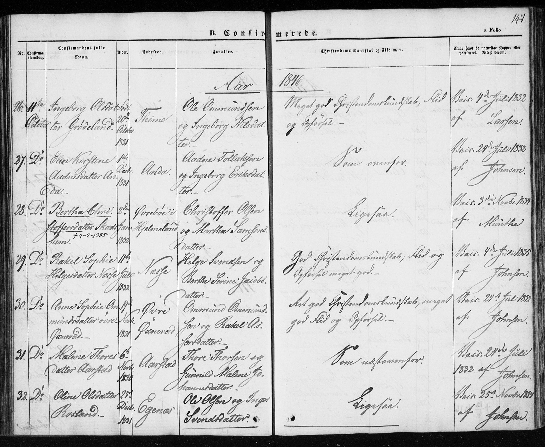 Klepp sokneprestkontor, SAST/A-101803/001/3/30BA/L0004: Parish register (official) no. A 4, 1842-1852, p. 147