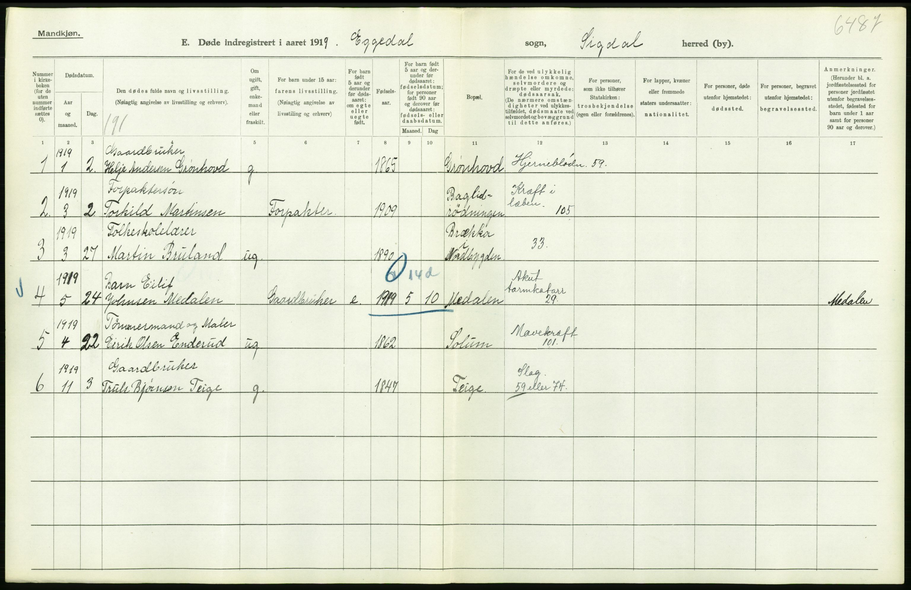 Statistisk sentralbyrå, Sosiodemografiske emner, Befolkning, AV/RA-S-2228/D/Df/Dfb/Dfbi/L0018: Buskerud fylke: Døde. Bygder og byer., 1919, p. 234