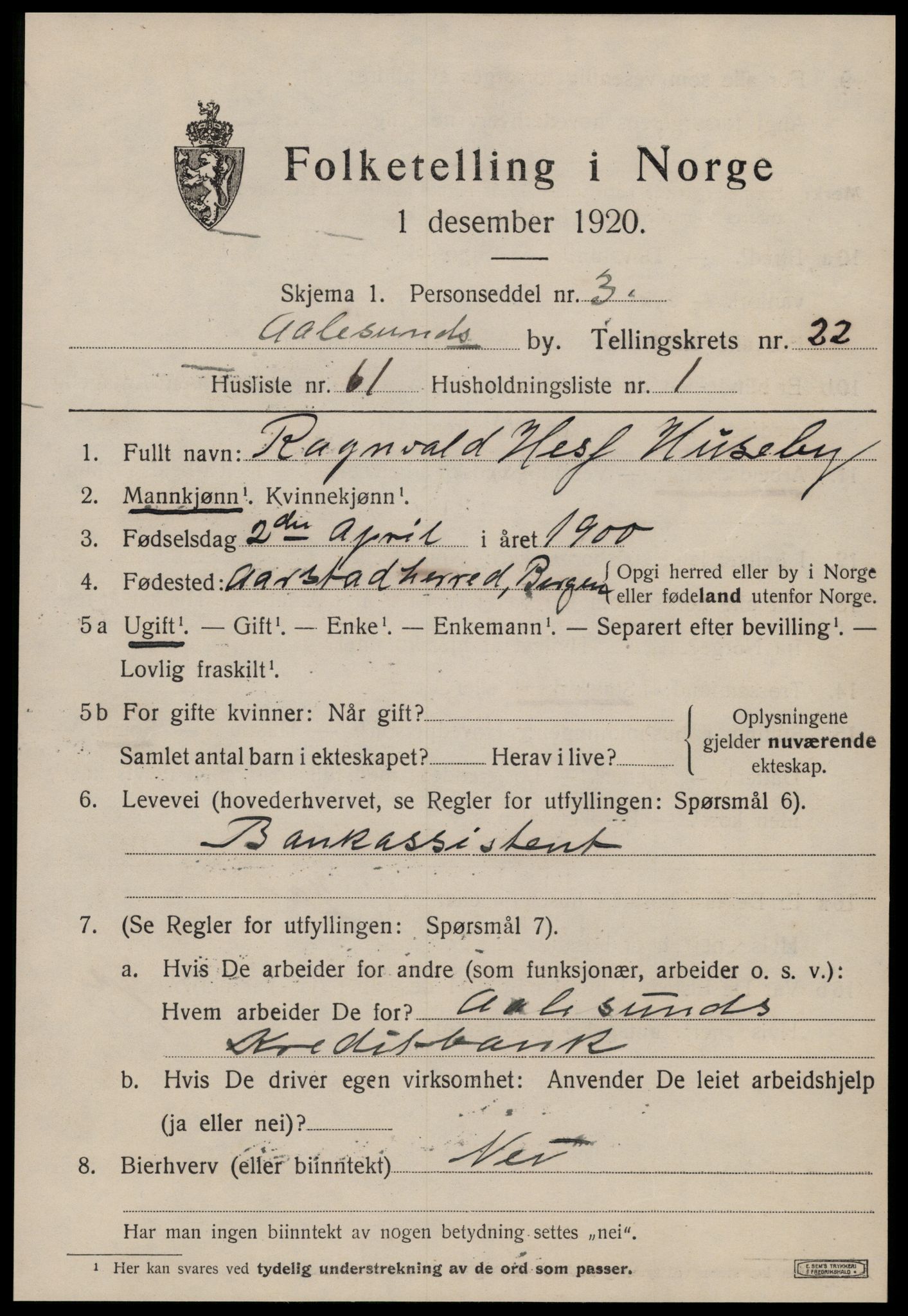SAT, 1920 census for Ålesund, 1920, p. 41990