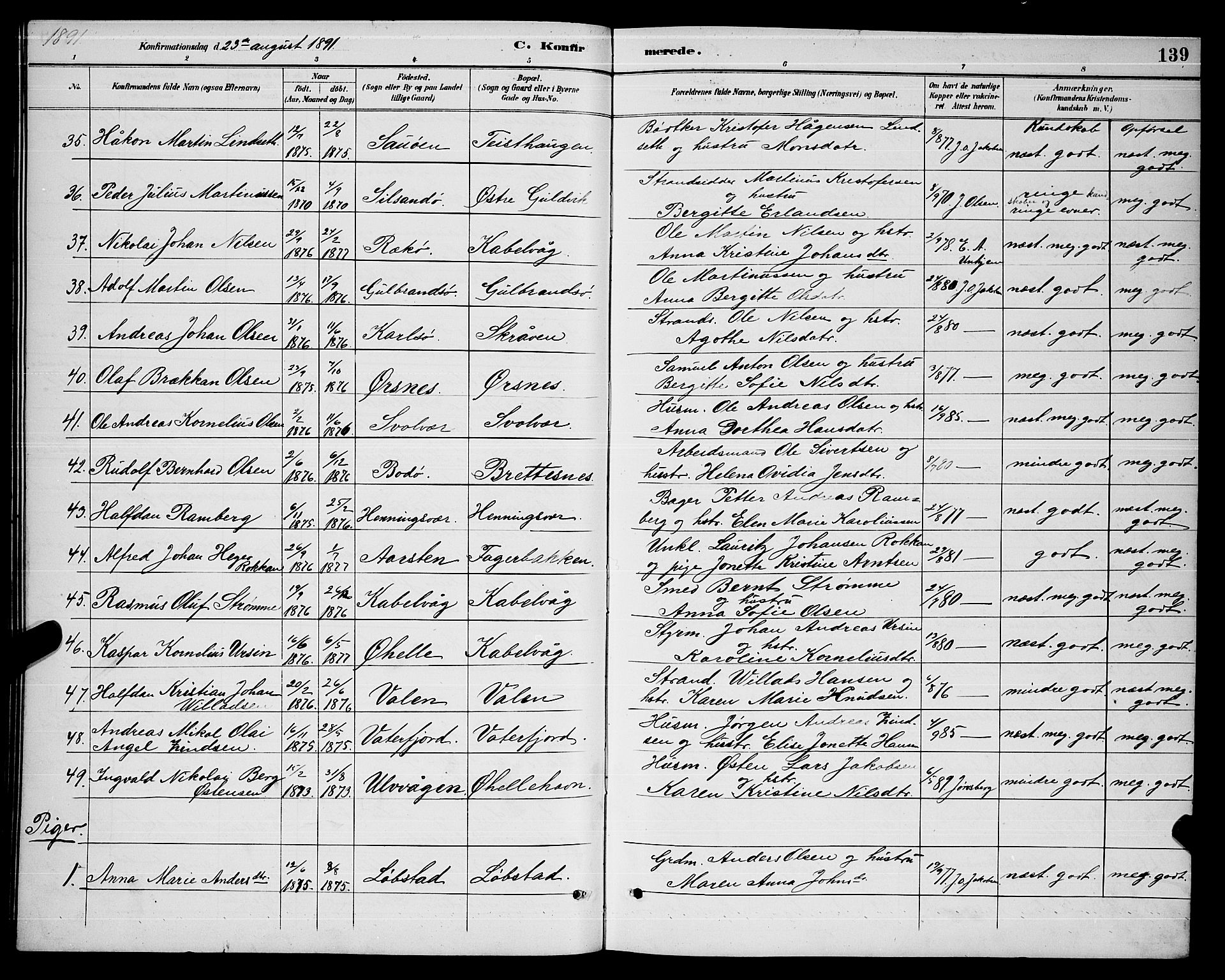 Ministerialprotokoller, klokkerbøker og fødselsregistre - Nordland, AV/SAT-A-1459/874/L1077: Parish register (copy) no. 874C06, 1891-1900, p. 139