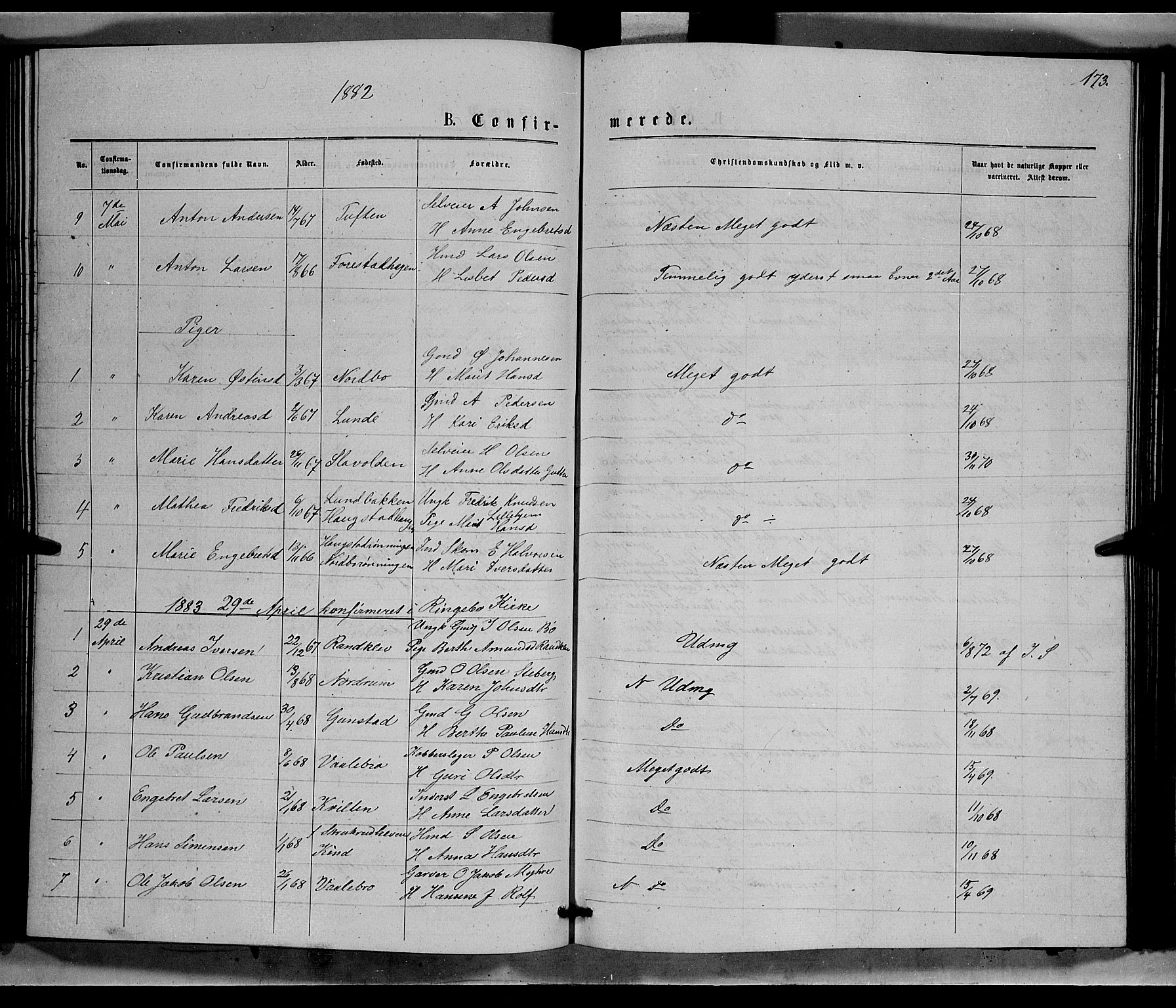 Ringebu prestekontor, SAH/PREST-082/H/Ha/Hab/L0006: Parish register (copy) no. 6, 1880-1898, p. 173
