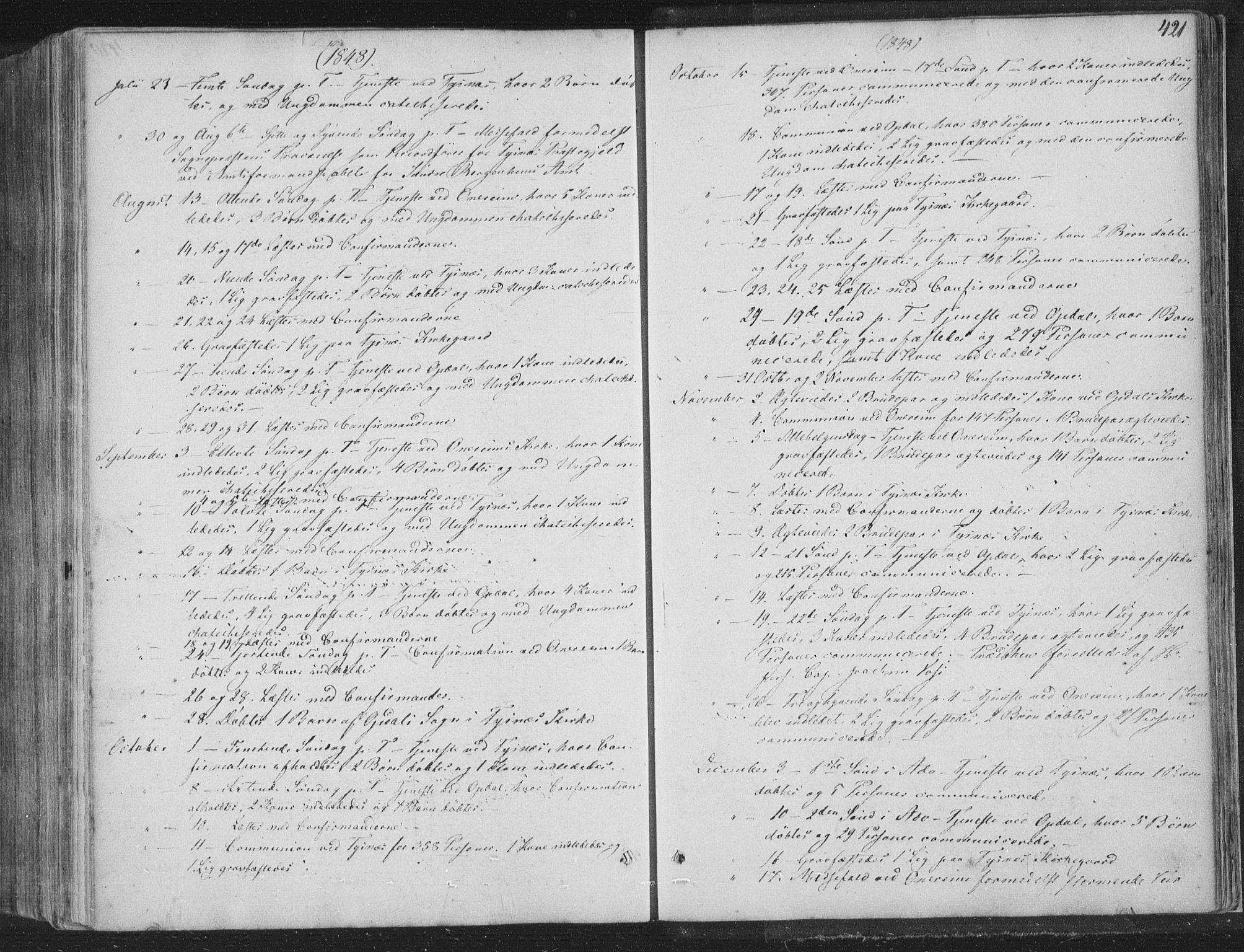 Tysnes sokneprestembete, AV/SAB-A-78601/H/Haa: Parish register (official) no. A 10, 1848-1859, p. 421