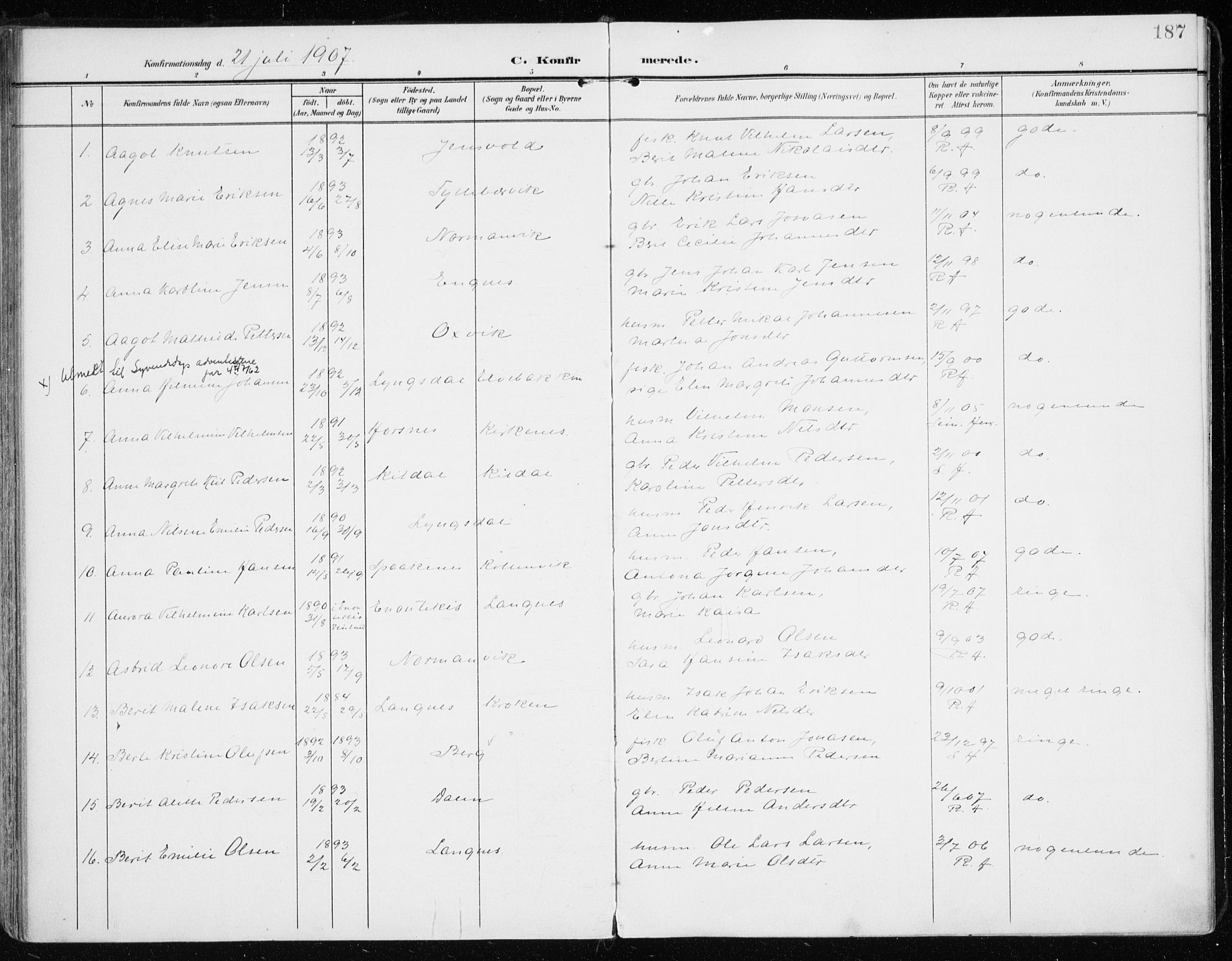 Lyngen sokneprestembete, AV/SATØ-S-1289/H/He/Hea/L0011kirke: Parish register (official) no. 11, 1903-1913, p. 187