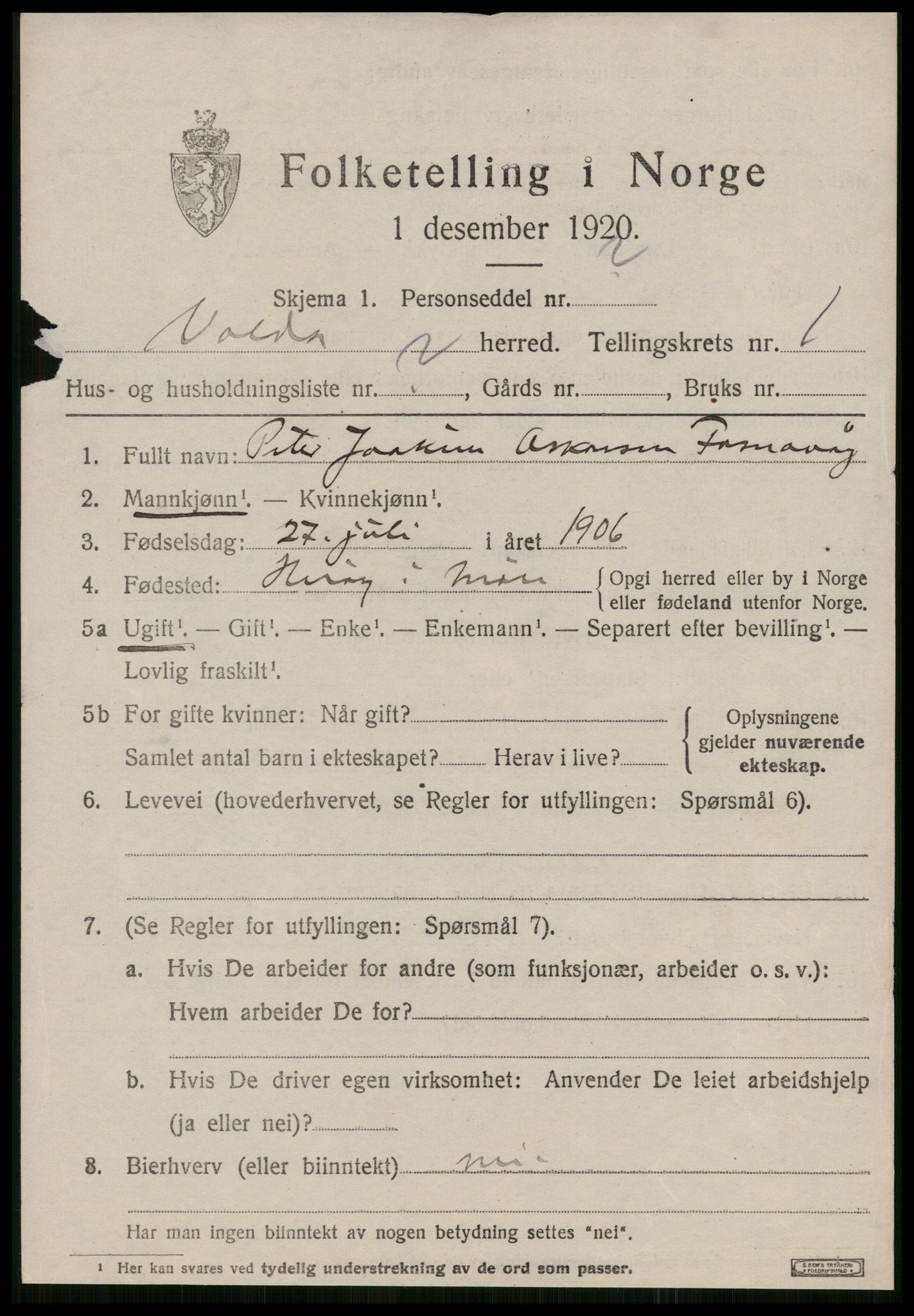 SAT, 1920 census for Volda, 1920, p. 1958