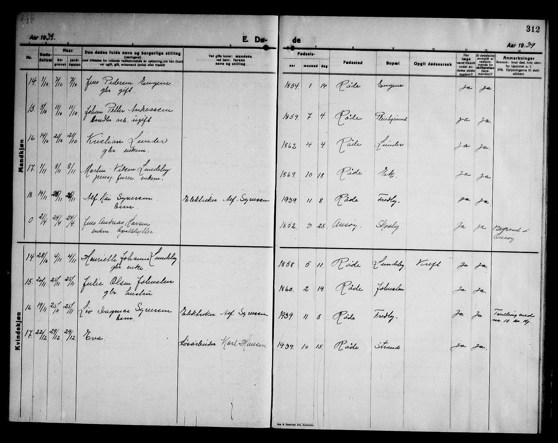 Råde prestekontor kirkebøker, AV/SAO-A-2009/G/Ga/L0002: Parish register (copy) no. I 2, 1926-1947, p. 312