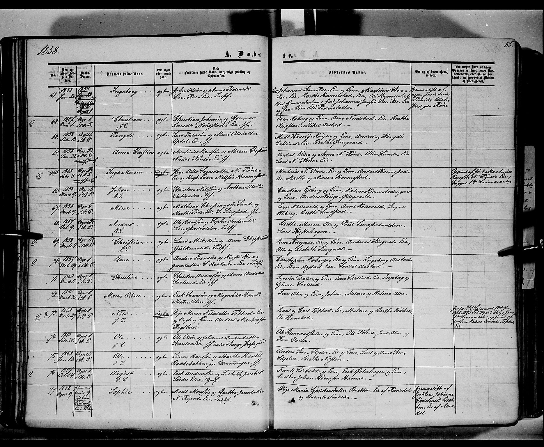 Stange prestekontor, AV/SAH-PREST-002/K/L0012: Parish register (official) no. 12, 1852-1862, p. 85