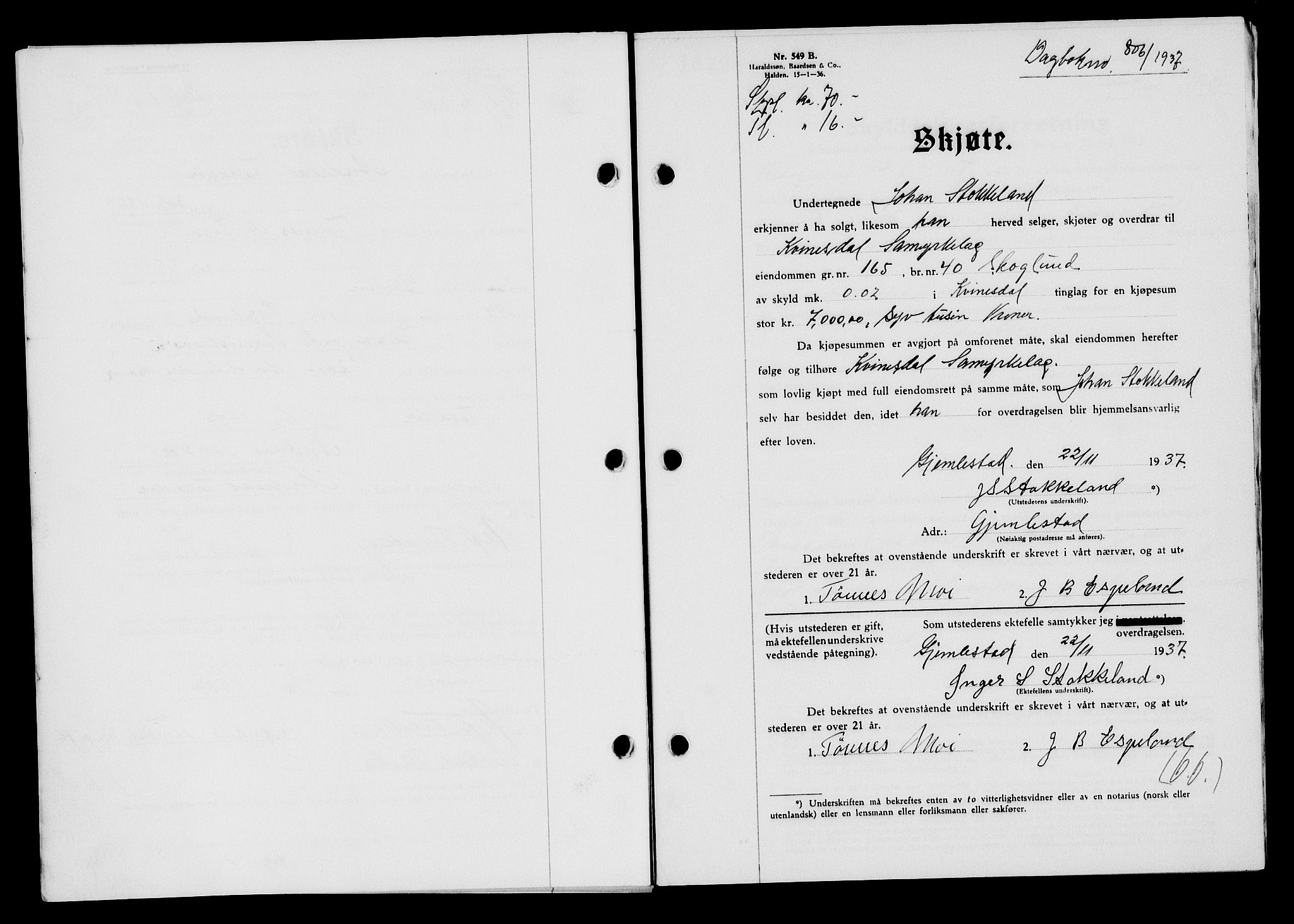 Flekkefjord sorenskriveri, SAK/1221-0001/G/Gb/Gba/L0054: Mortgage book no. A-2, 1937-1938, Diary no: : 806/1937