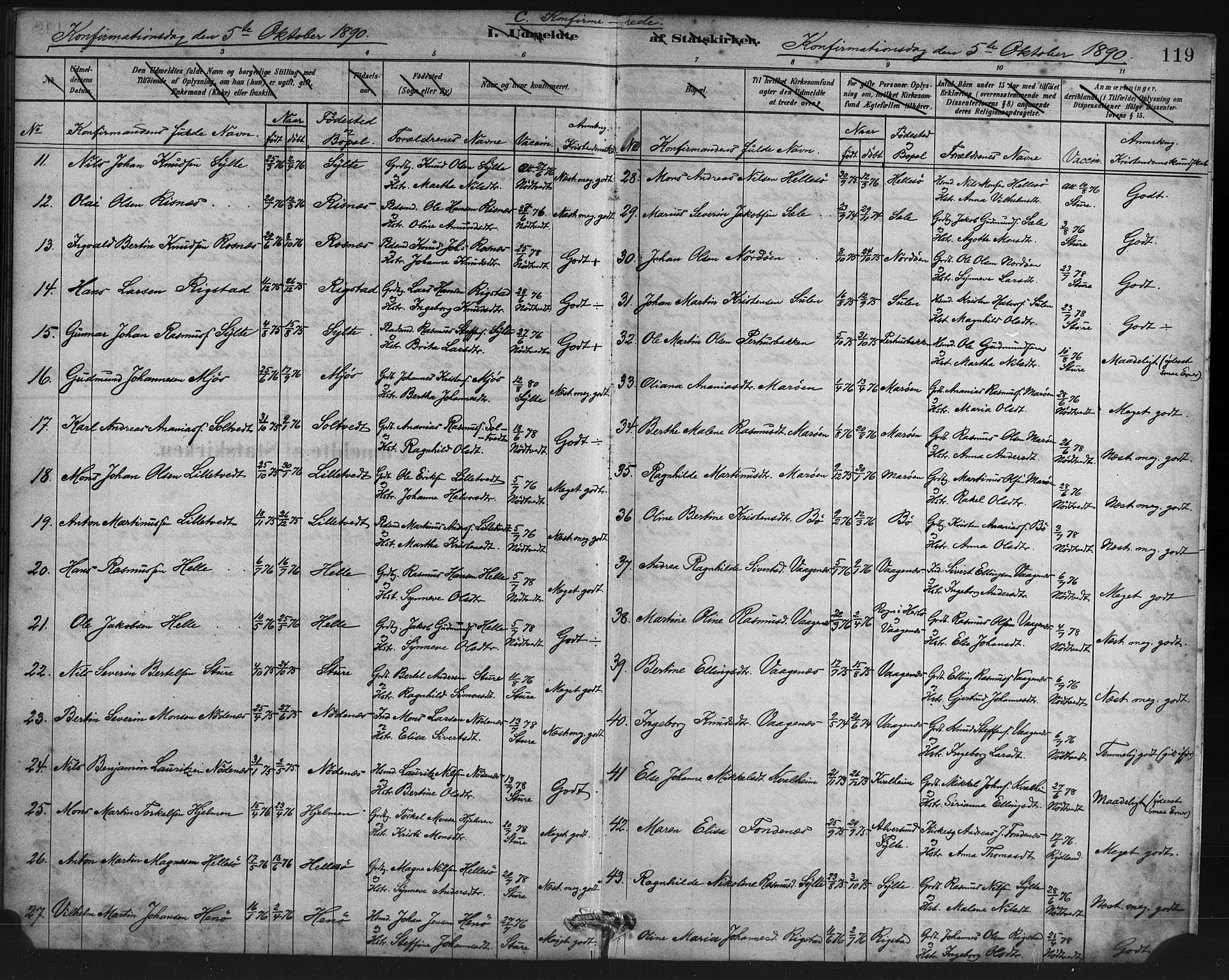 Manger sokneprestembete, SAB/A-76801/H/Haa: Parish register (official) no. C 1, 1881-1890, p. 119