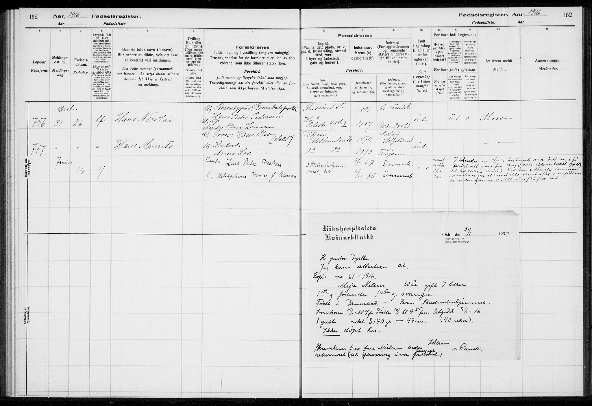 Rikshospitalet prestekontor Kirkebøker, SAO/A-10309b/J/L0001: Birth register no. 1, 1916-1916, p. 152