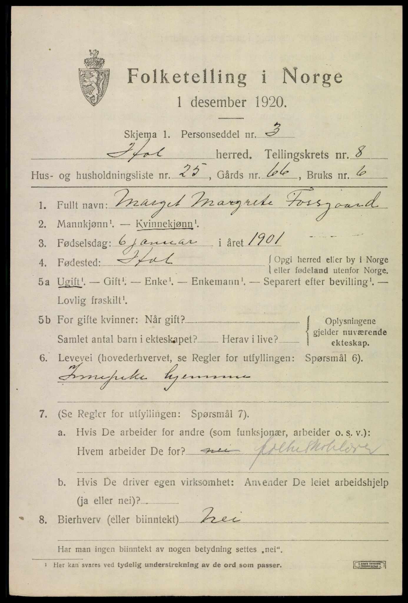 SAKO, 1920 census for Hol (Buskerud), 1920, p. 4389