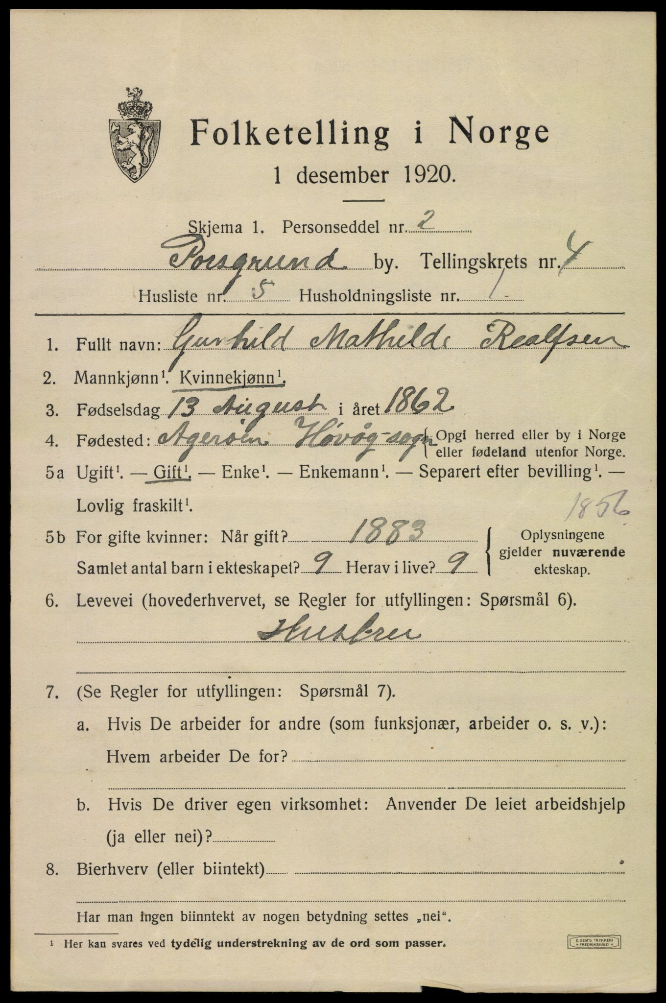 SAKO, 1920 census for Porsgrunn, 1920, p. 18915