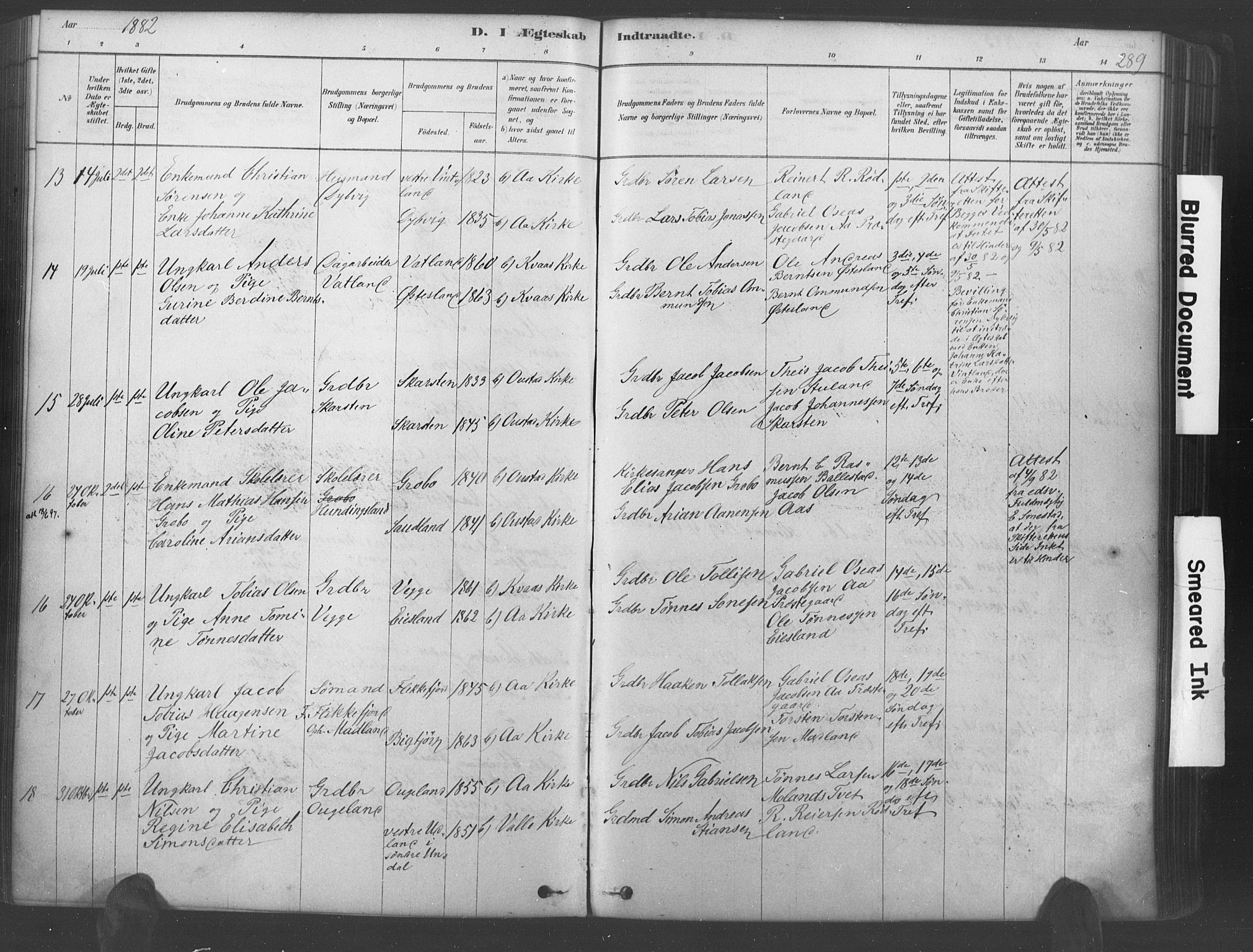 Lyngdal sokneprestkontor, AV/SAK-1111-0029/F/Fa/Fac/L0011: Parish register (official) no. A 11, 1878-1893, p. 289