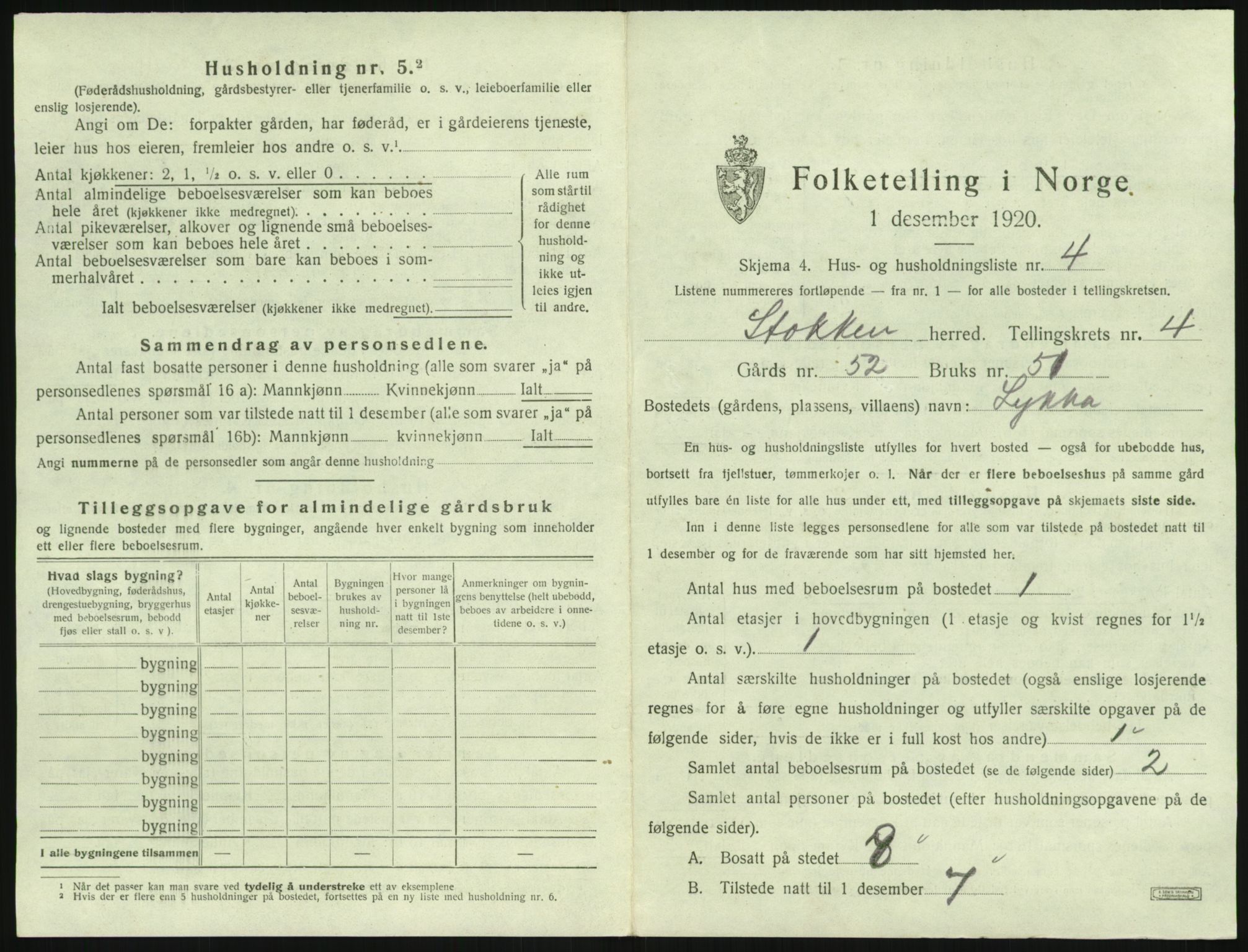 SAK, 1920 census for Stokken, 1920, p. 380