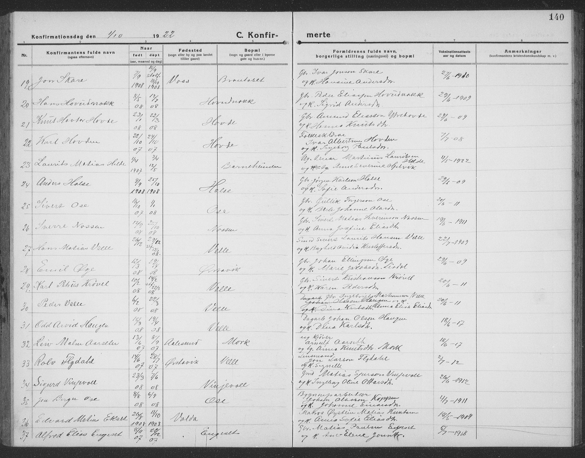 Ministerialprotokoller, klokkerbøker og fødselsregistre - Møre og Romsdal, SAT/A-1454/513/L0191: Parish register (copy) no. 513C05, 1920-1941, p. 140