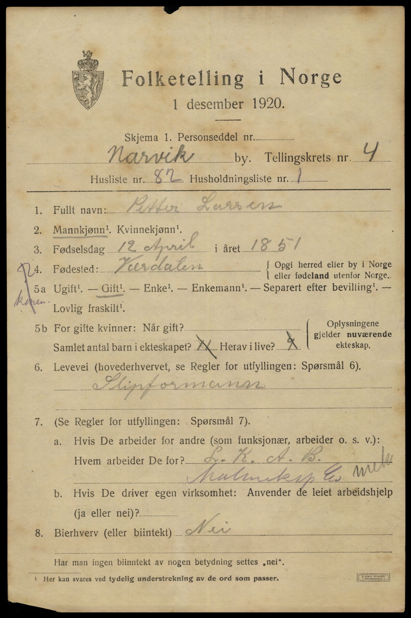 SAT, 1920 census for Narvik, 1920, p. 16452