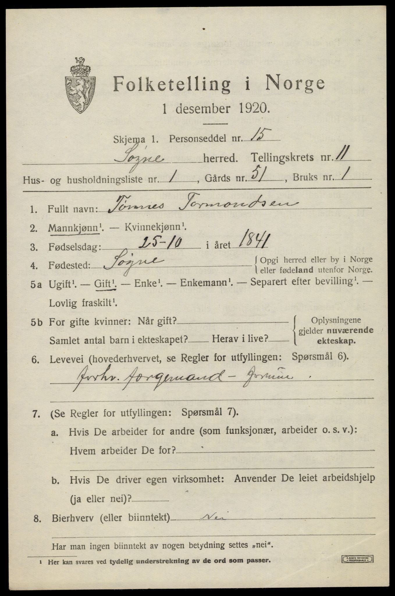 SAK, 1920 census for Søgne, 1920, p. 5627
