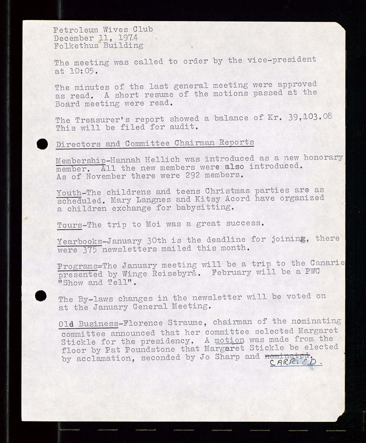 PA 1547 - Petroleum Wives Club, AV/SAST-A-101974/A/Aa/L0001: Board and General Meeting, 1970-1983