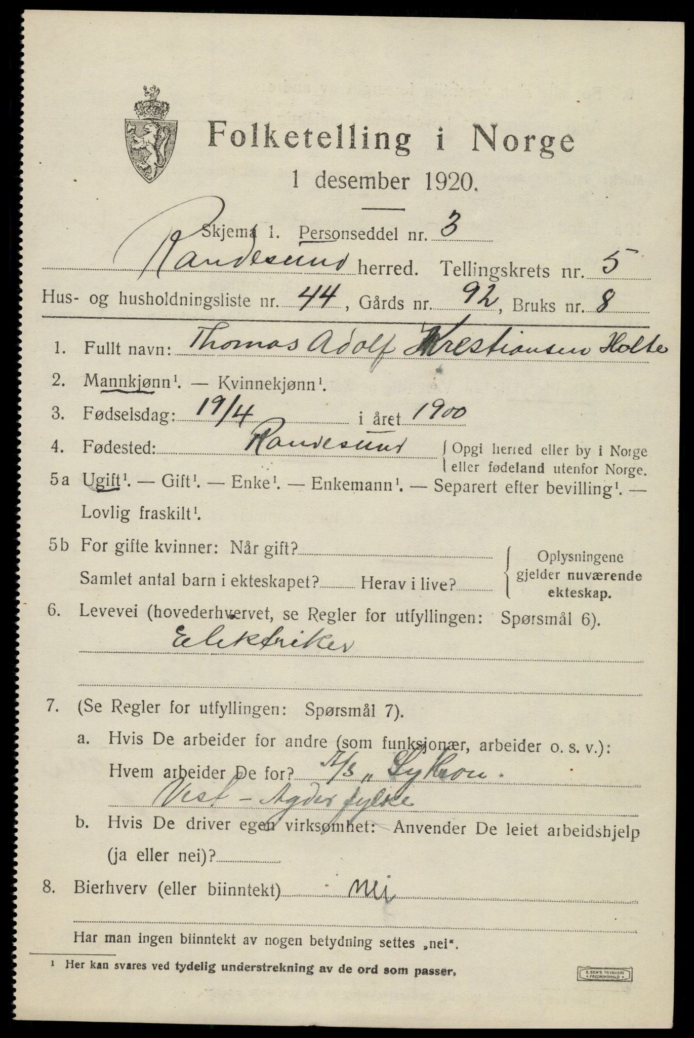 SAK, 1920 census for Randesund, 1920, p. 2724