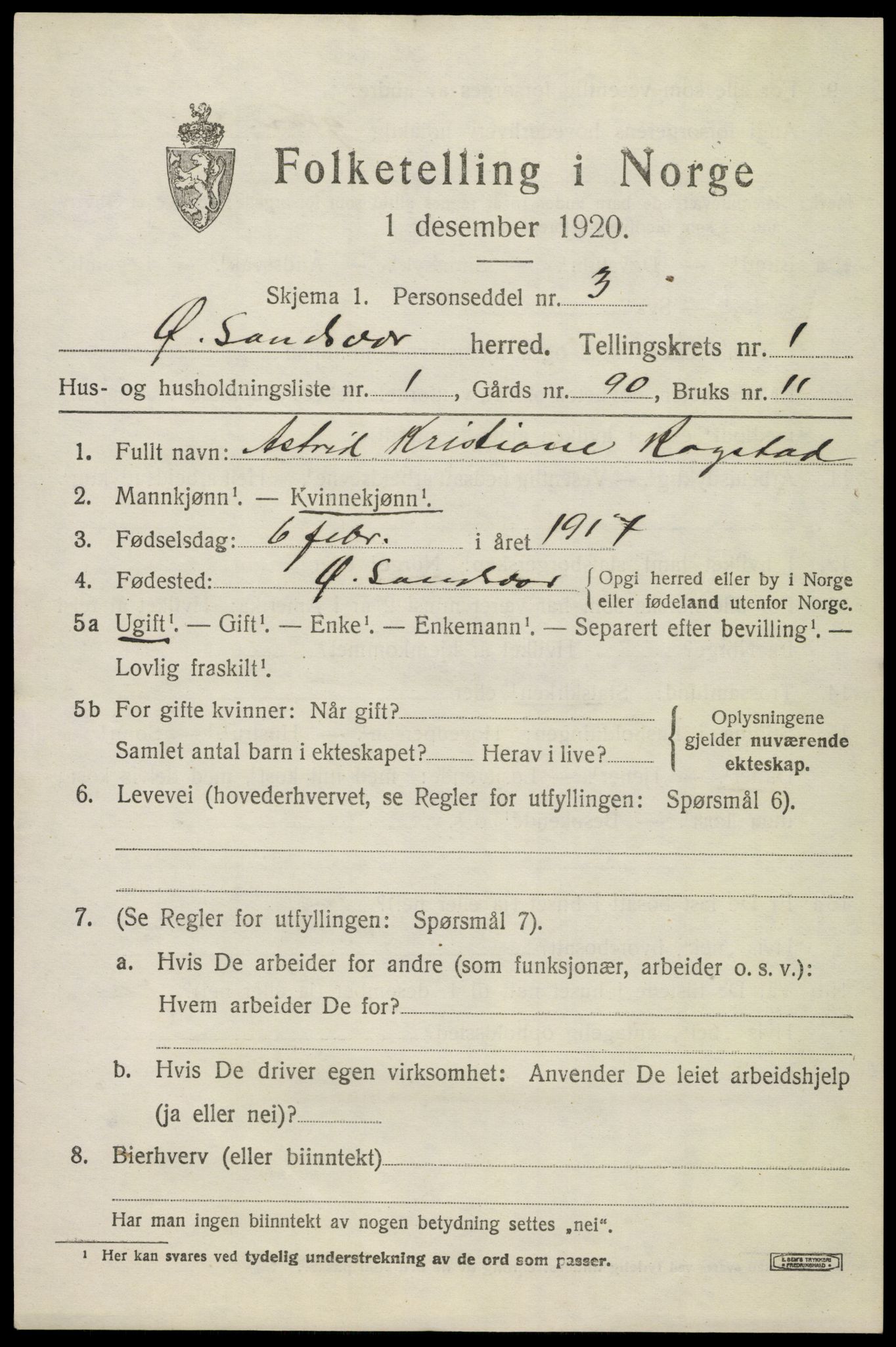 SAKO, 1920 census for Øvre Sandsvær, 1920, p. 916