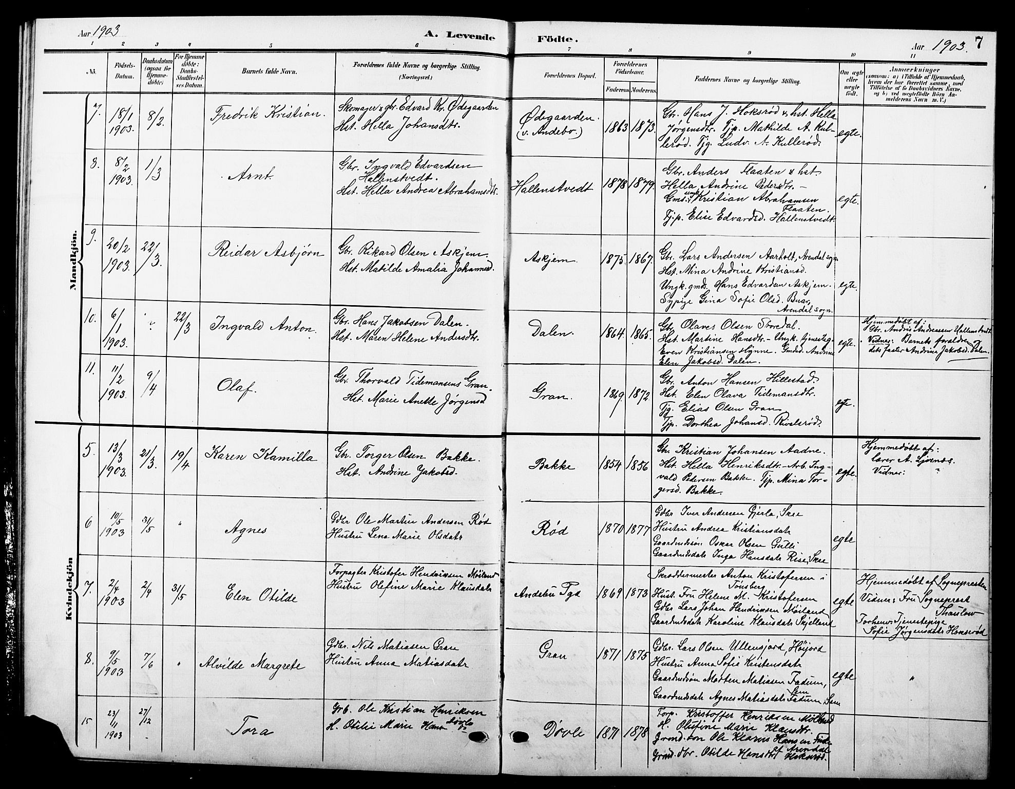 Andebu kirkebøker, AV/SAKO-A-336/G/Ga/L0005: Parish register (copy) no. I 5, 1901-1925, p. 7