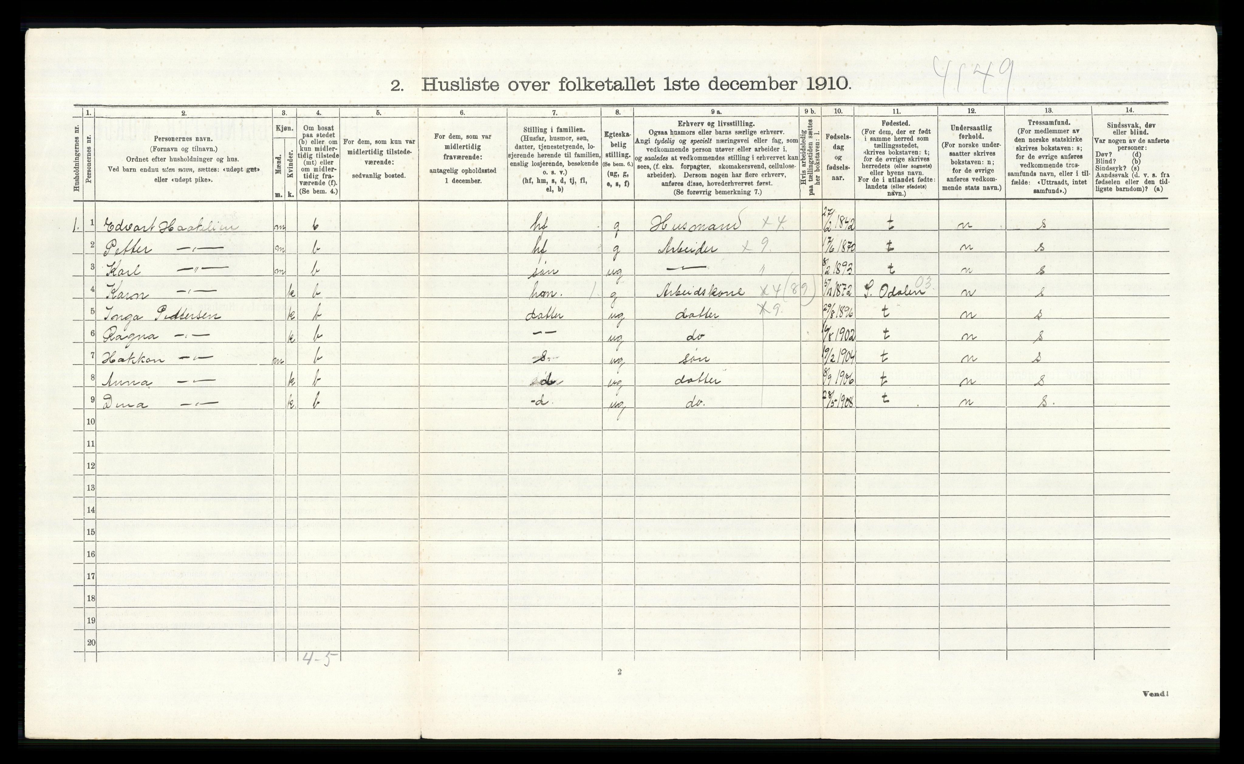 RA, 1910 census for Nes, 1910, p. 2073