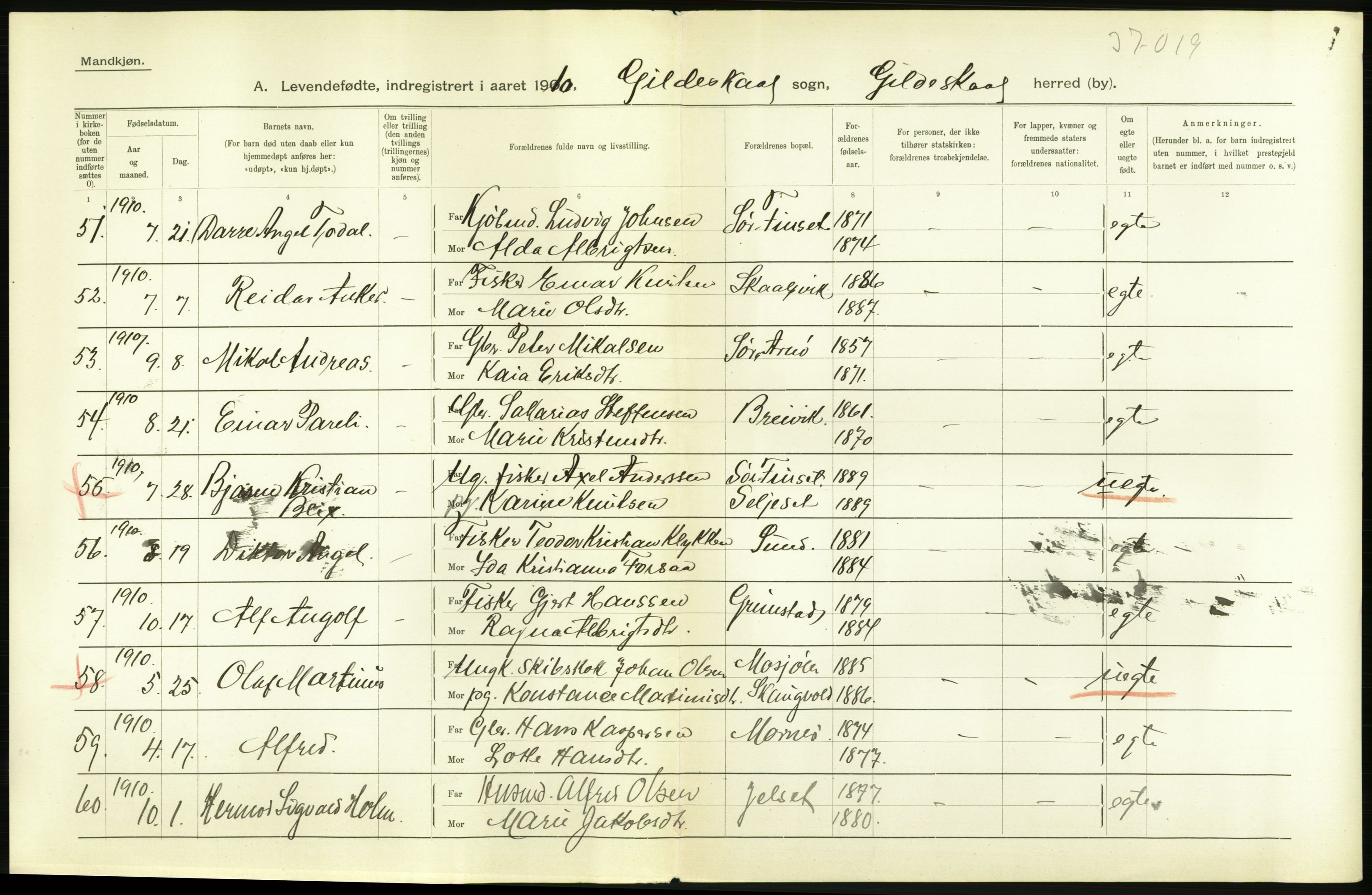 Statistisk sentralbyrå, Sosiodemografiske emner, Befolkning, AV/RA-S-2228/D/Df/Dfa/Dfah/L0040: Nordlands amt: Levendefødte menn og kvinner. Bygder., 1910, p. 2