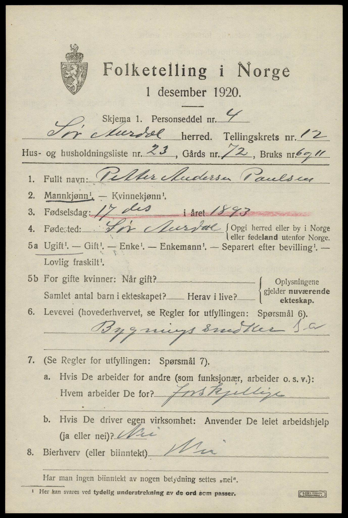 SAH, 1920 census for Sør-Aurdal, 1920, p. 6997