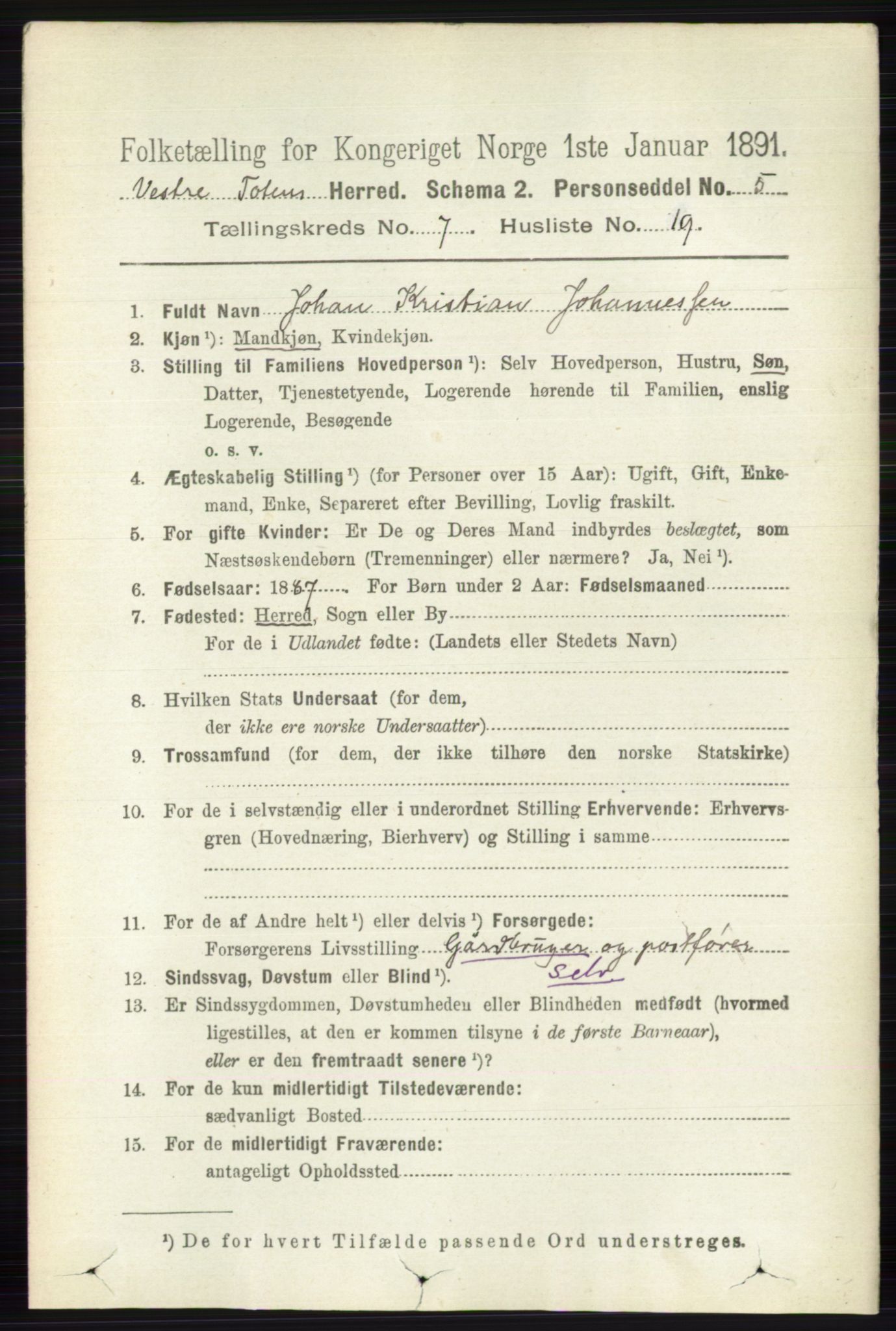 RA, 1891 census for 0529 Vestre Toten, 1891, p. 4492