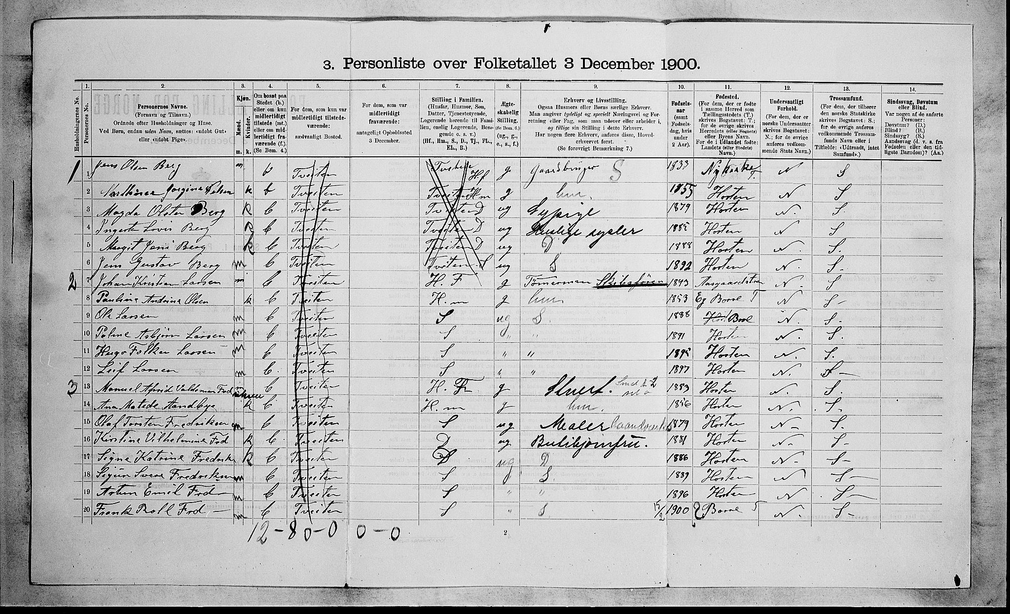 RA, 1900 census for Borre, 1900, p. 275