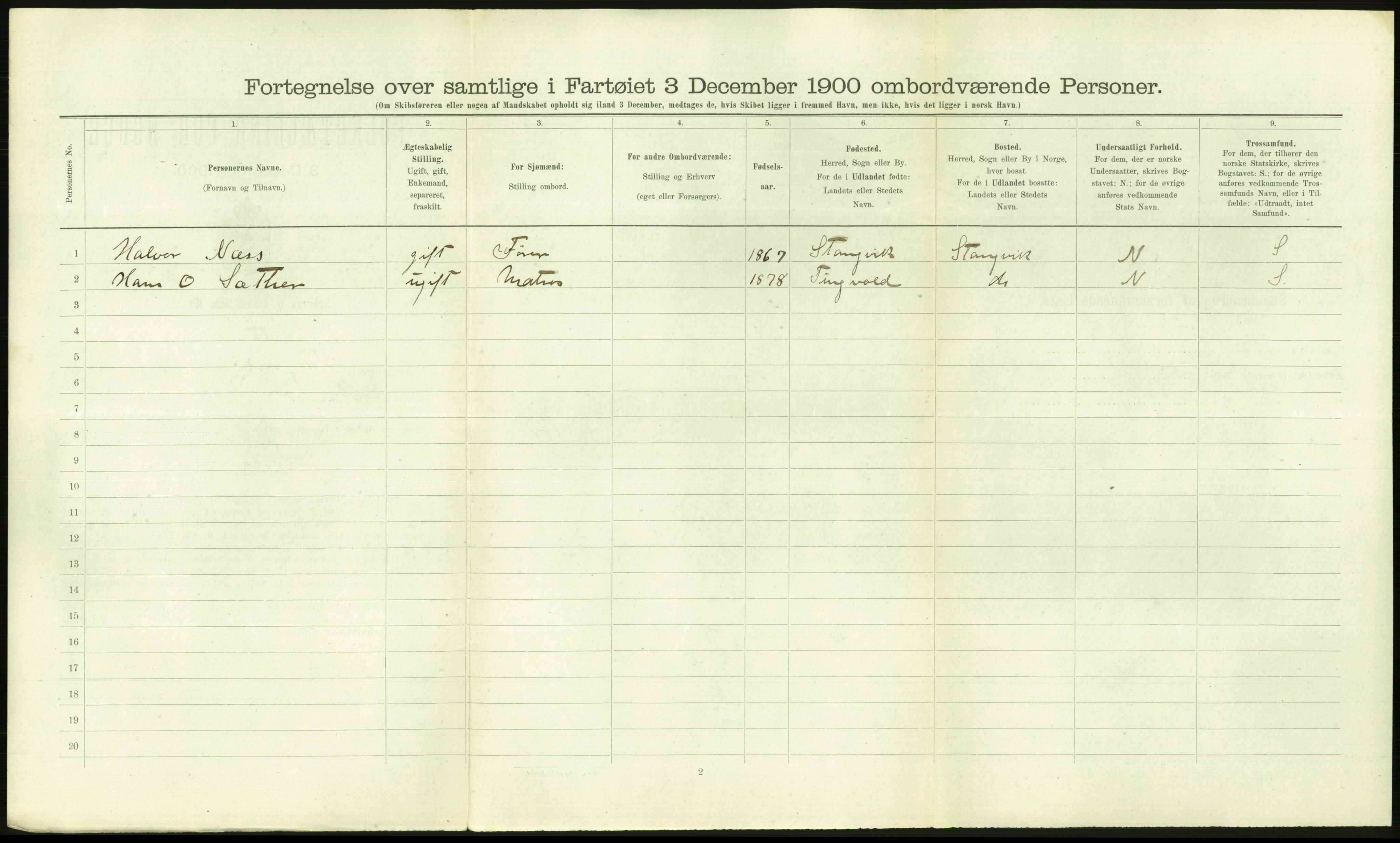 RA, 1900 Census - ship lists from ships in Norwegian harbours, harbours abroad and at sea, 1900, p. 2208