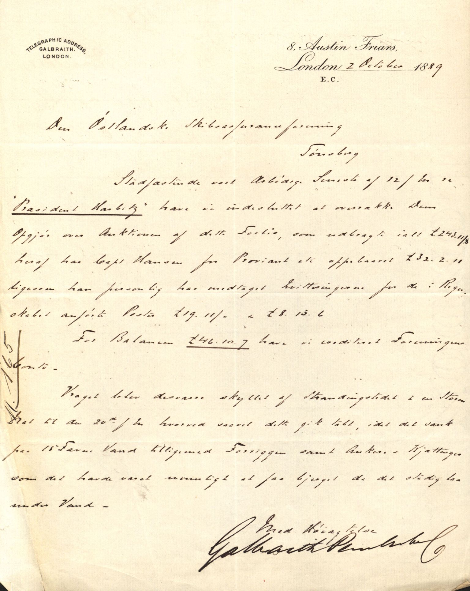 Pa 63 - Østlandske skibsassuranceforening, VEMU/A-1079/G/Ga/L0023/0007: Havaridokumenter / Eugenie, Askur, Præsident Harbitz, Professor Johnson, Professor Mohn, 1889, p. 84