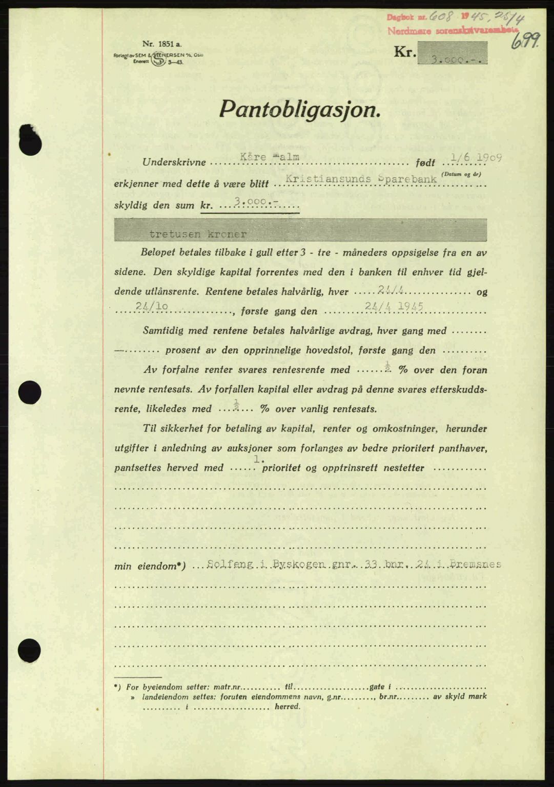 Nordmøre sorenskriveri, AV/SAT-A-4132/1/2/2Ca: Mortgage book no. B92, 1944-1945, Diary no: : 608/1945