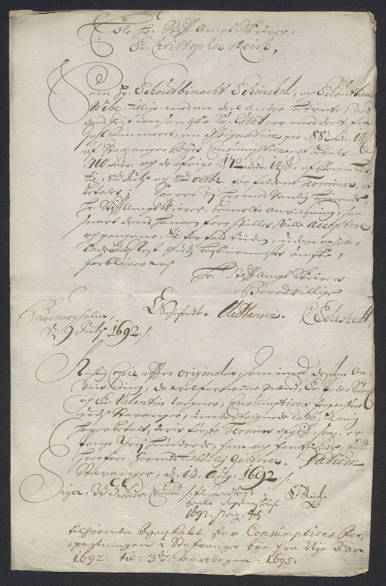 Rentekammeret inntil 1814, Reviderte regnskaper, Byregnskaper, RA/EA-4066/R/Ro/L0333: [O25] Konsumpsjonsregnskap, 1690-1704, p. 96