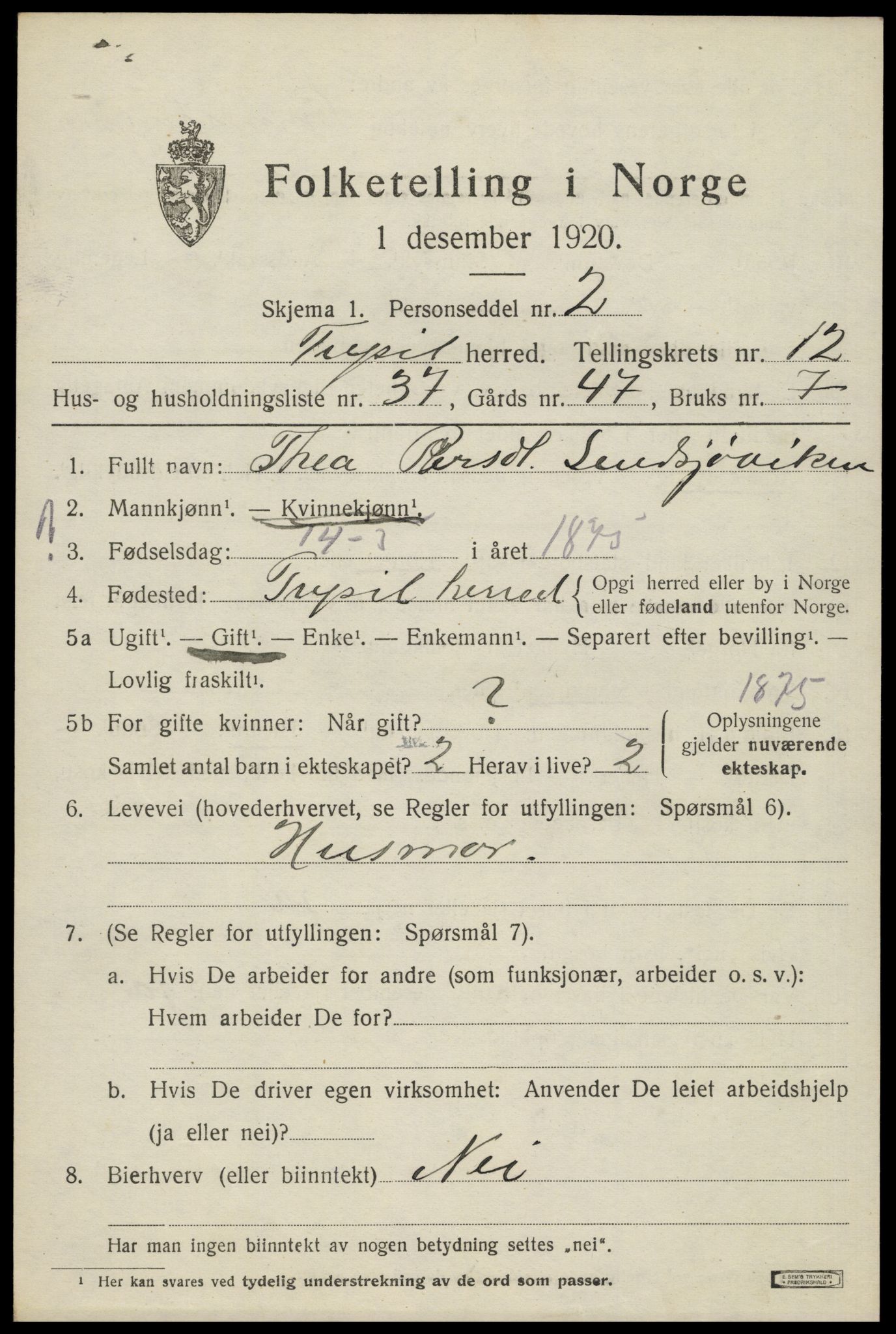 SAH, 1920 census for Trysil, 1920, p. 7607