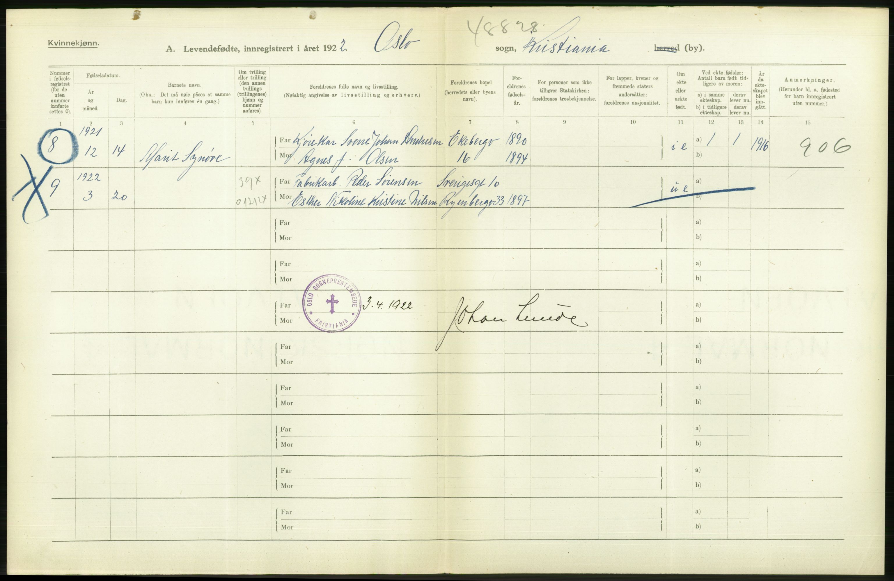 Statistisk sentralbyrå, Sosiodemografiske emner, Befolkning, AV/RA-S-2228/D/Df/Dfc/Dfcb/L0007: Kristiania: Levendefødte menn og kvinner., 1922, p. 30