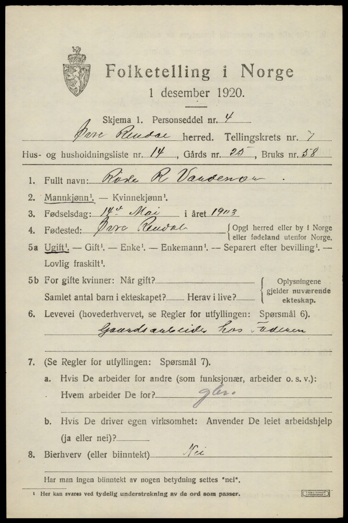 SAH, 1920 census for Øvre Rendal, 1920, p. 2563