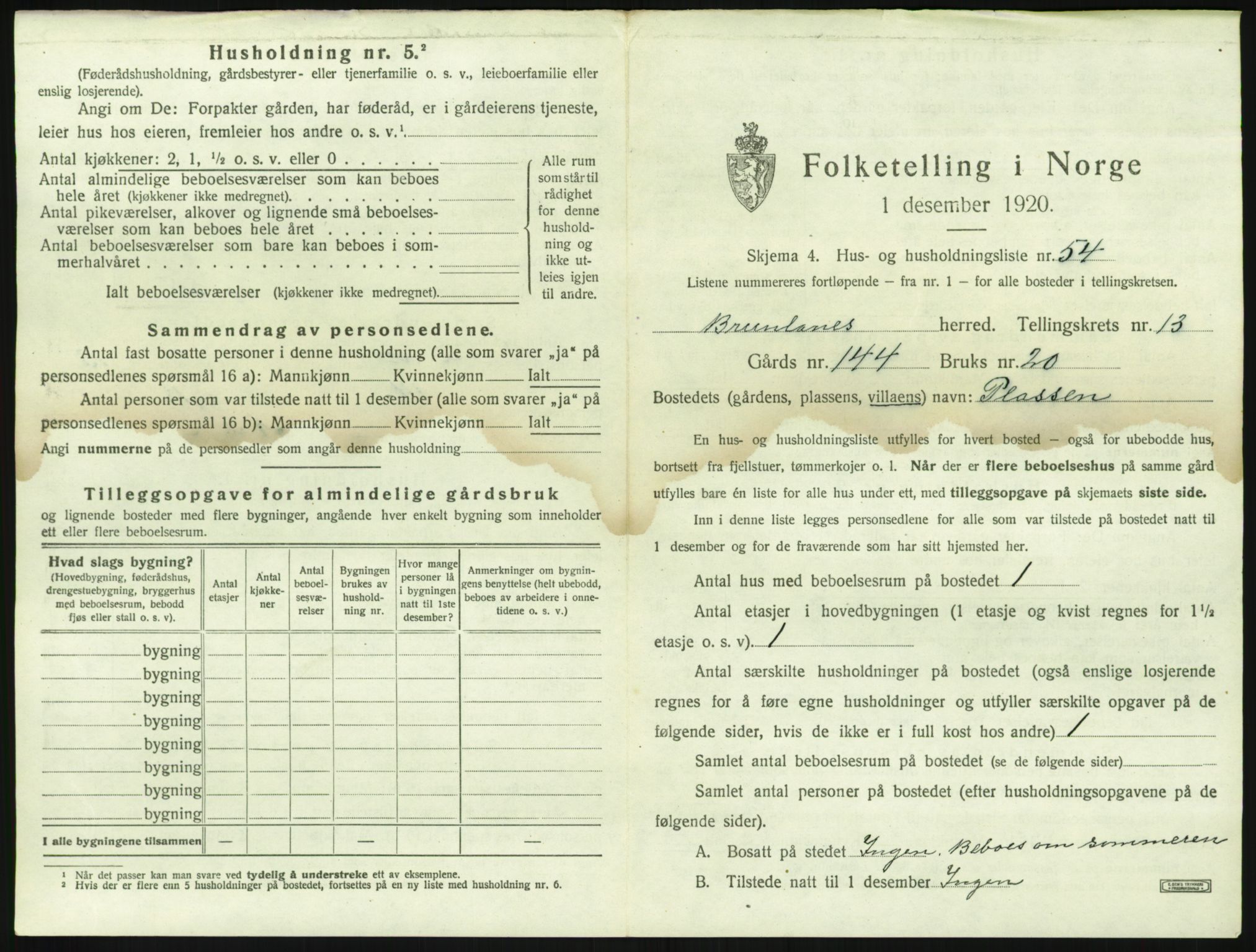 SAKO, 1920 census for Brunlanes, 1920, p. 1857