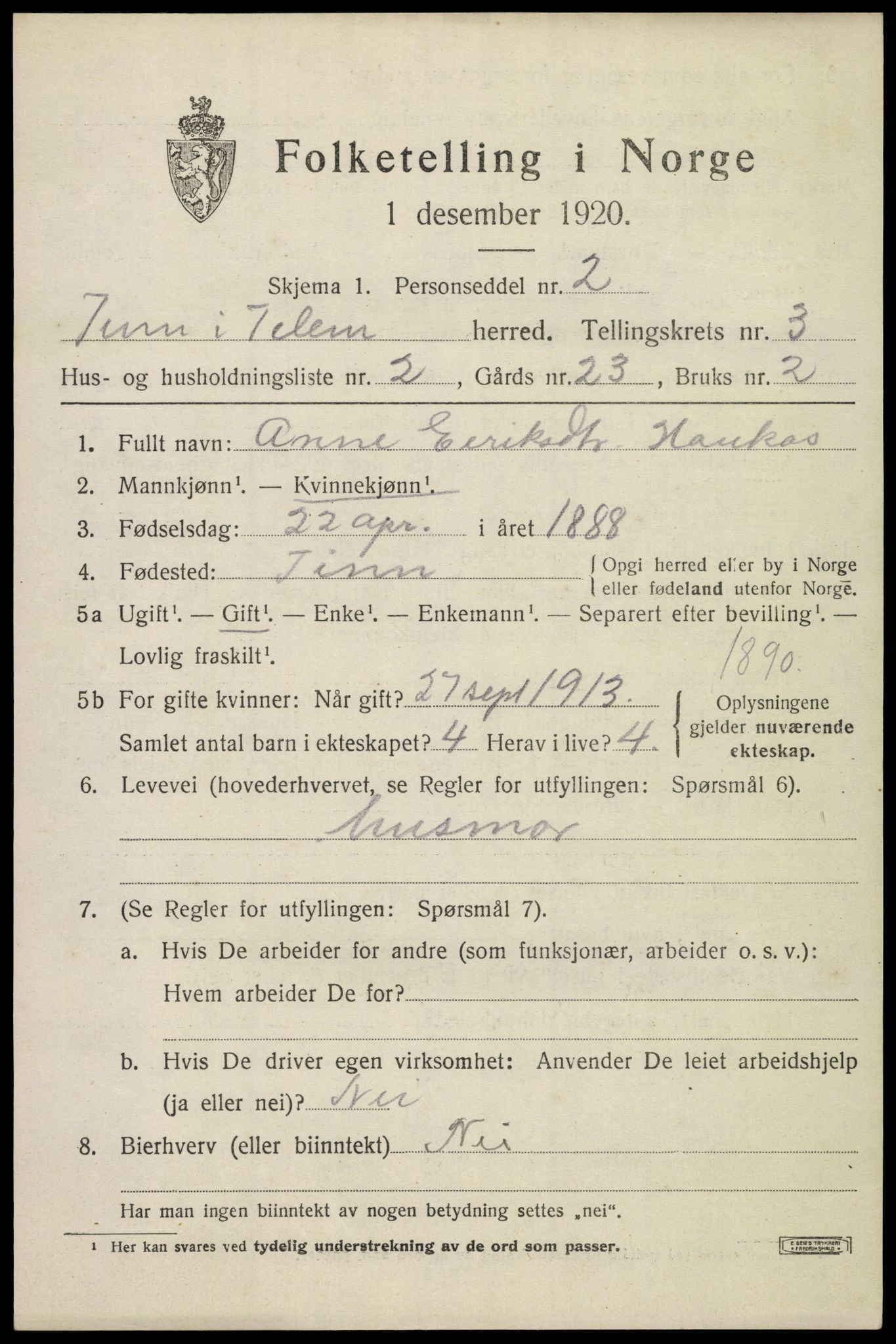 SAKO, 1920 census for Tinn, 1920, p. 3296