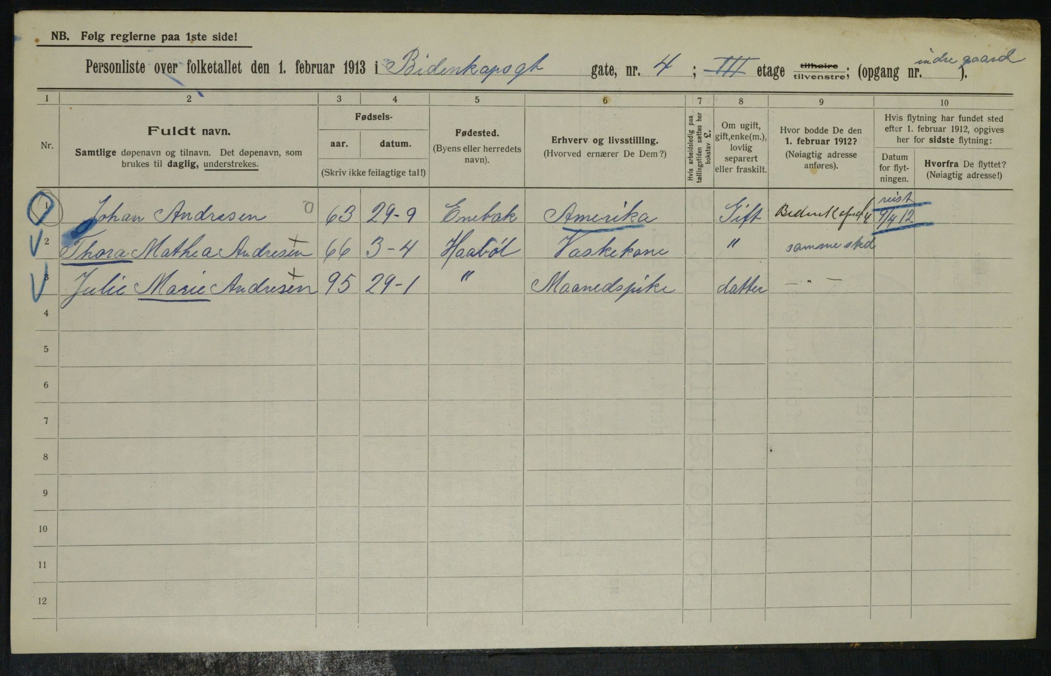 OBA, Municipal Census 1913 for Kristiania, 1913, p. 4619