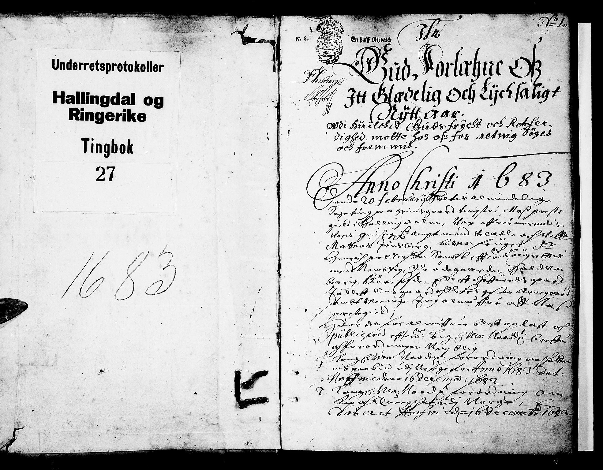 Ringerike og Hallingdal sorenskriveri, AV/SAKO-A-81/F/Fa/Faa/L0017: Tingbok, 1683, p. 1