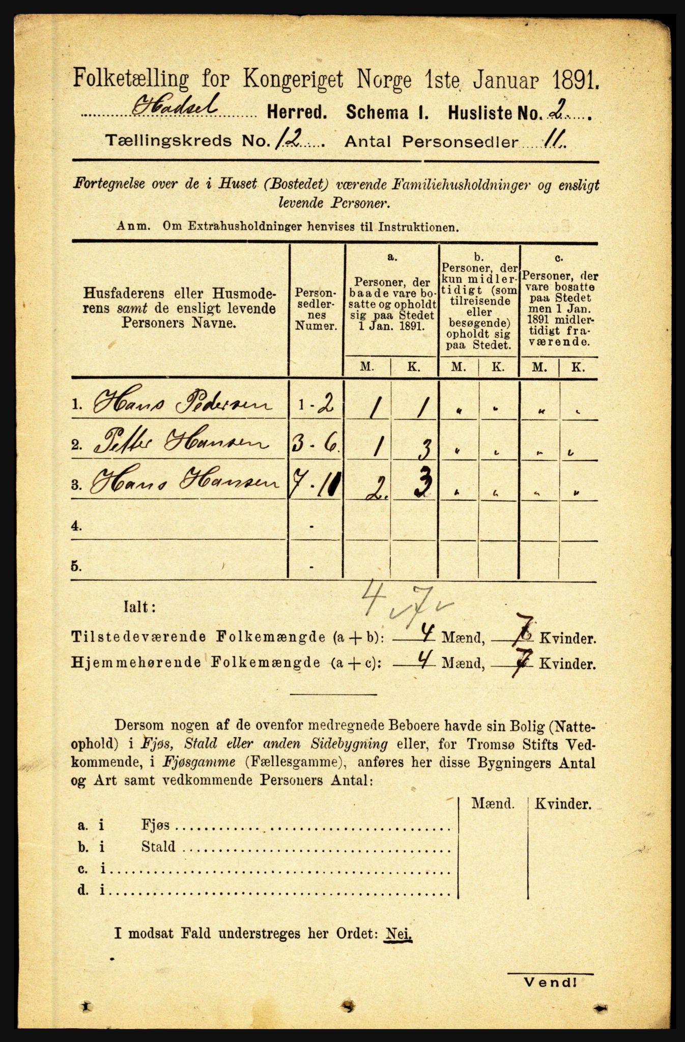 RA, 1891 census for 1866 Hadsel, 1891, p. 5216