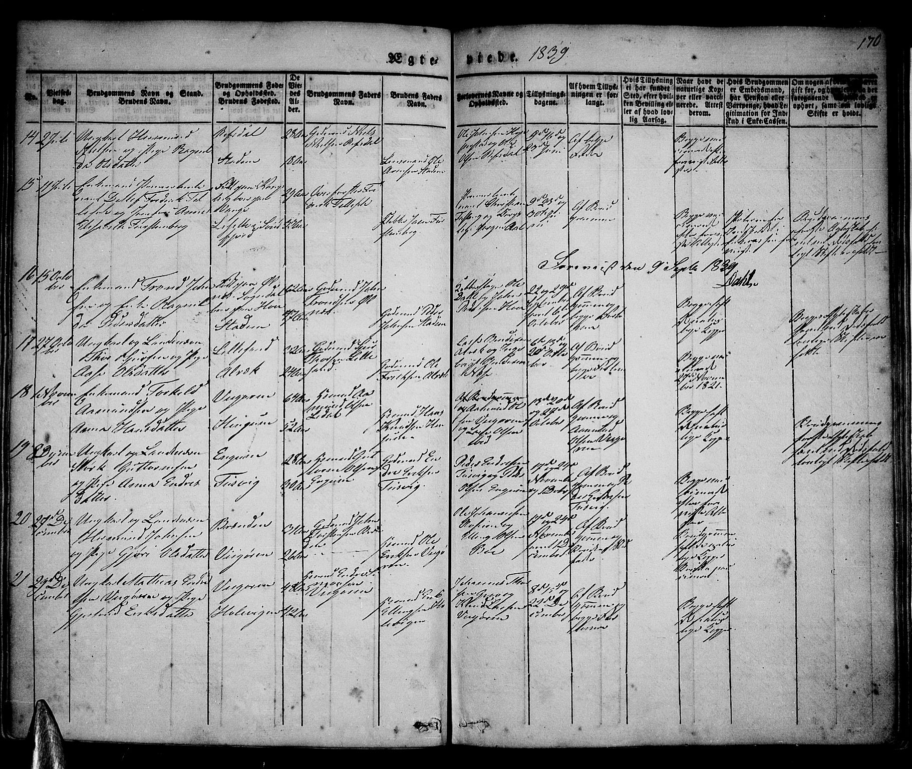 Vik sokneprestembete, SAB/A-81501: Parish register (official) no. A 7, 1831-1845, p. 170