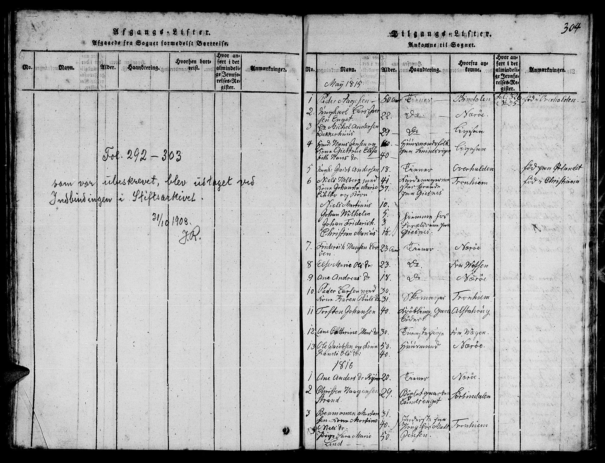 Ministerialprotokoller, klokkerbøker og fødselsregistre - Nord-Trøndelag, SAT/A-1458/780/L0648: Parish register (copy) no. 780C01 /1, 1815-1870, p. 304