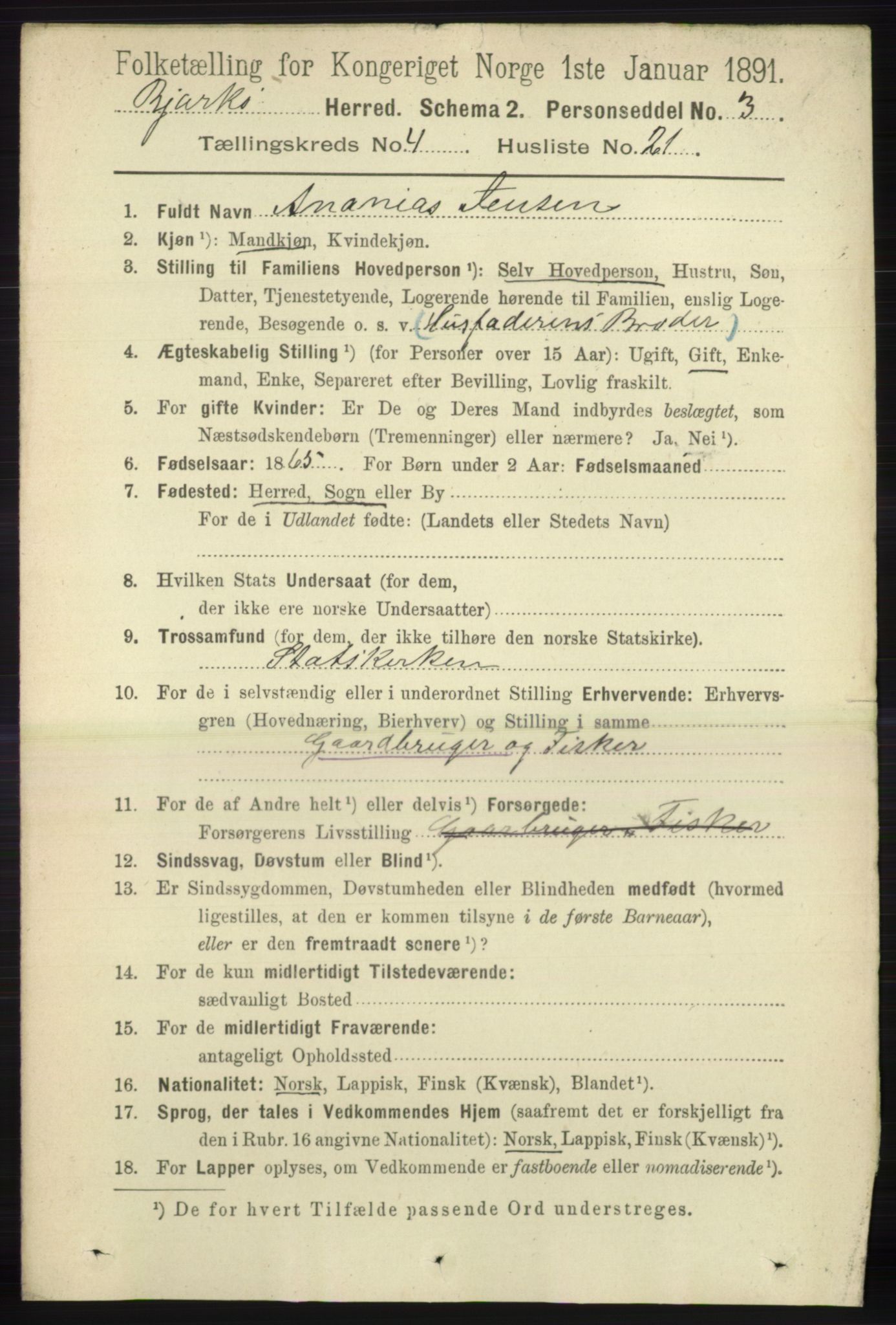 RA, 1891 census for 1915 Bjarkøy, 1891, p. 2038